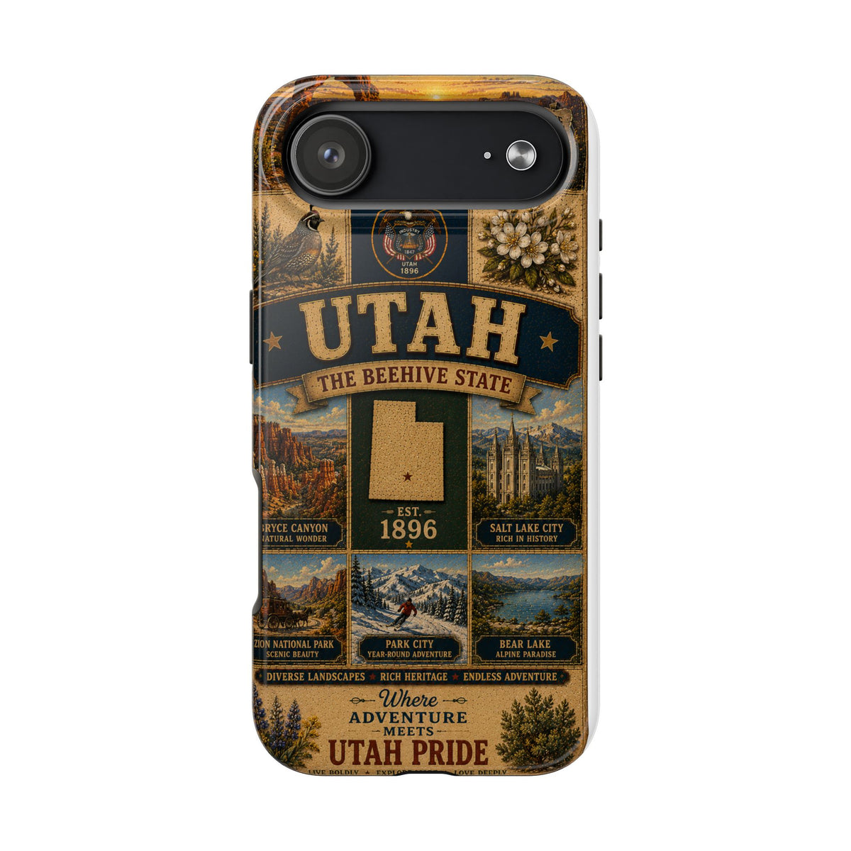 Utah Faux Patchwork Phone Case The Beehive State Vintage Travel Poster Retro State Pride Cover Est 1896