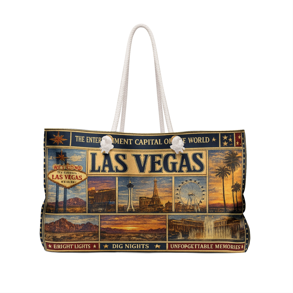 Las Vegas Nevada Weekender Bag Entertainment Capital of the World Faux Patchwork Travel Tote Vintage Strip Getaway Gift