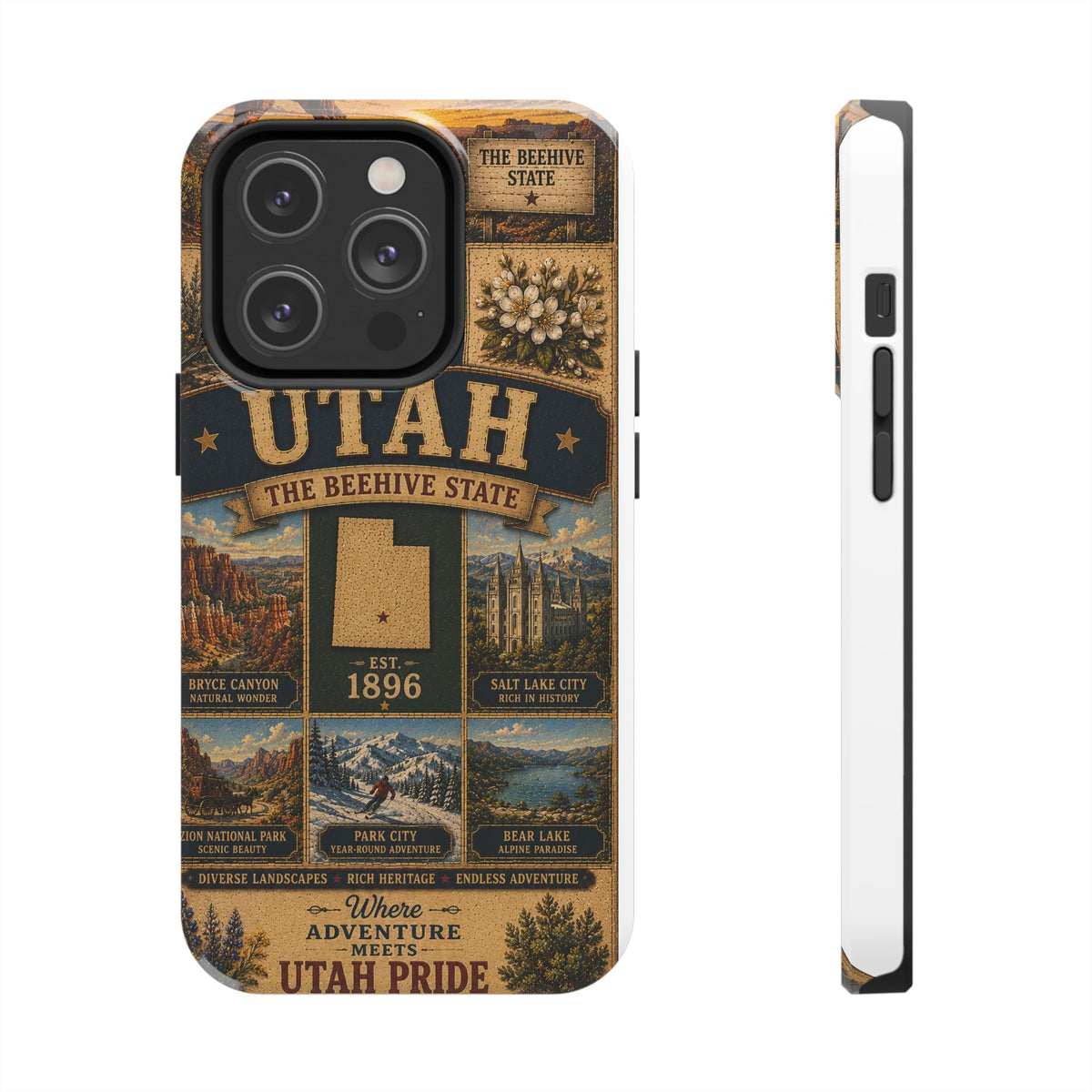 Utah Faux Patchwork Phone Case The Beehive State Vintage Travel Poster Retro State Pride Cover Est 1896