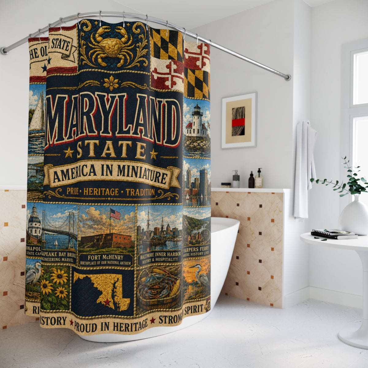 Maryland Shower Curtain, Chesapeake Bay Decor, Old Line State Faux Patchwork, Coastal Landmark Bathroom Decor