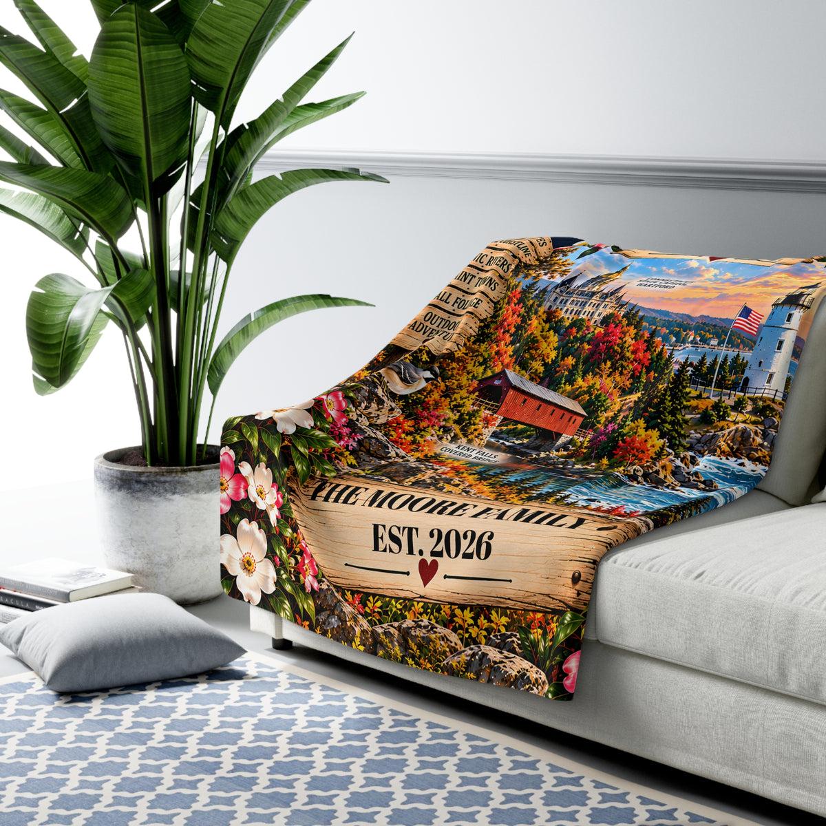 Connecticut Personalized Sherpa Fleece Blanket, Coastal Lighthouse Scenic Custom Family Name State Gift
