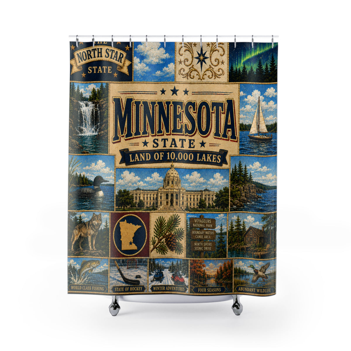 Minnesota State 'Land of 10,000 Lakes' Shower Curtain – Vintage State Collage