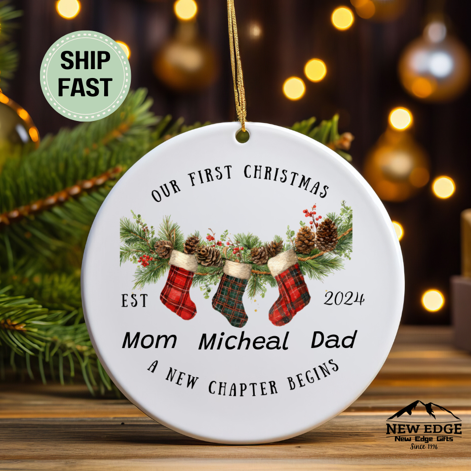 Our First Christmas Ornament EST 2024 – Family of Three Personalized Ornament – Mom, Dad & Child Keepsake – A New Chapter Begins