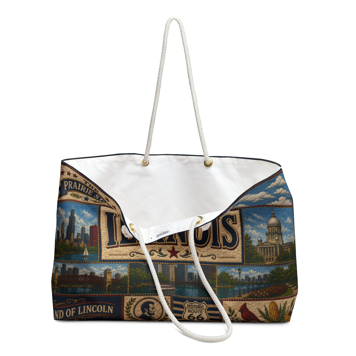 Illinois Weekender Bag Prairie State Faux Patchwork Travel Tote Land of Lincoln Historic Route 66 State Souvenir Gift