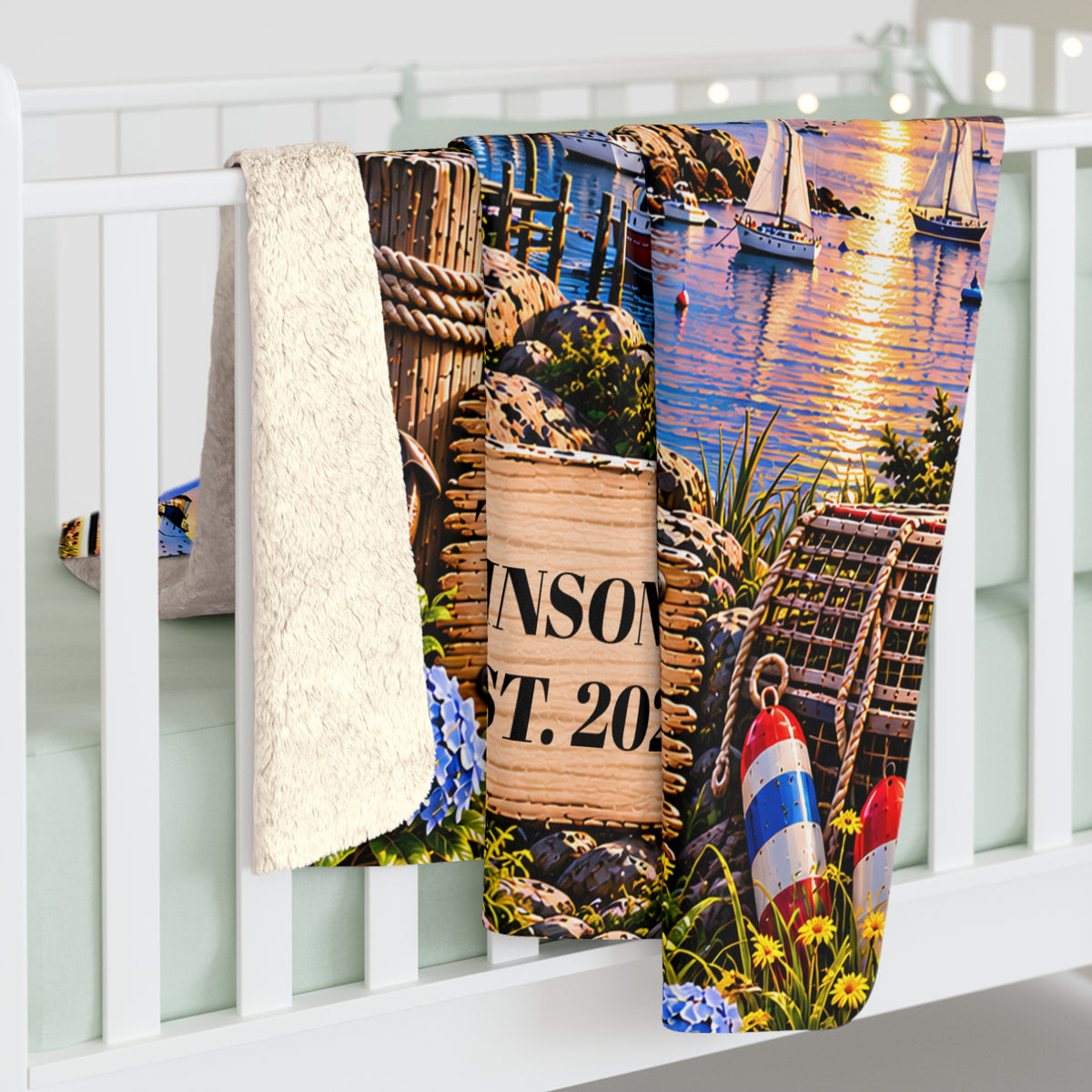 Massachusetts Personalized Sherpa Fleece Blanket, Bay State Lighthouse New England Custom Family Name Gift