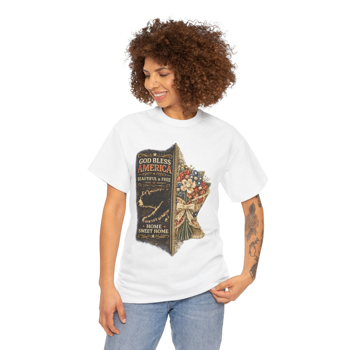 God Bless America T-Shirt — Patriotic "Home Sweet Home" Floral Design