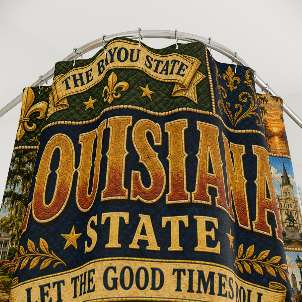 Louisiana Shower Curtain, Bayou State Decor, Cajun Jazz Faux Patchwork, Southern Landmark Bathroom Decor