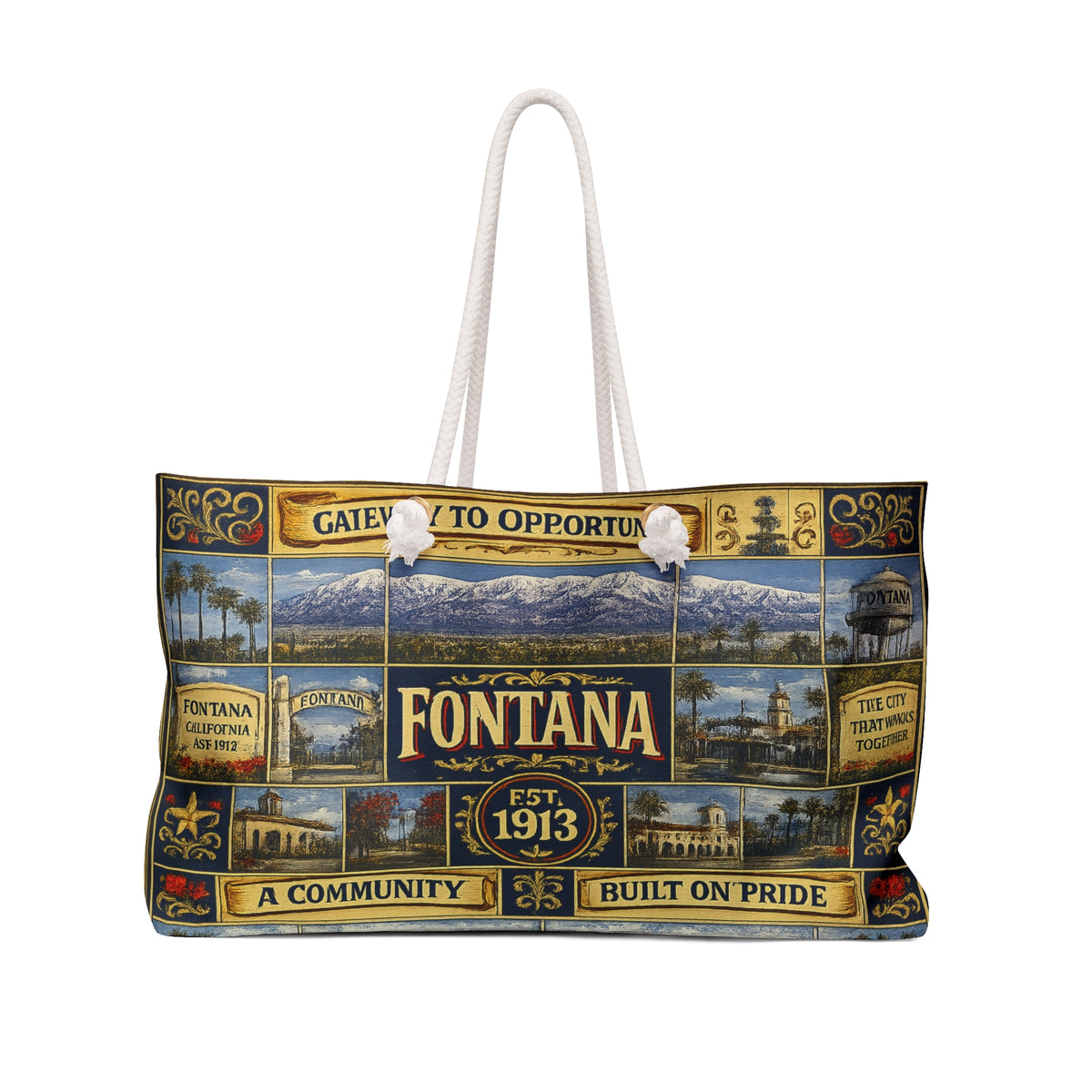 Fontana California Weekender Bag Gateway to Opportunity Faux Patchwork Travel Tote Built on Pride Inland Empire Gift