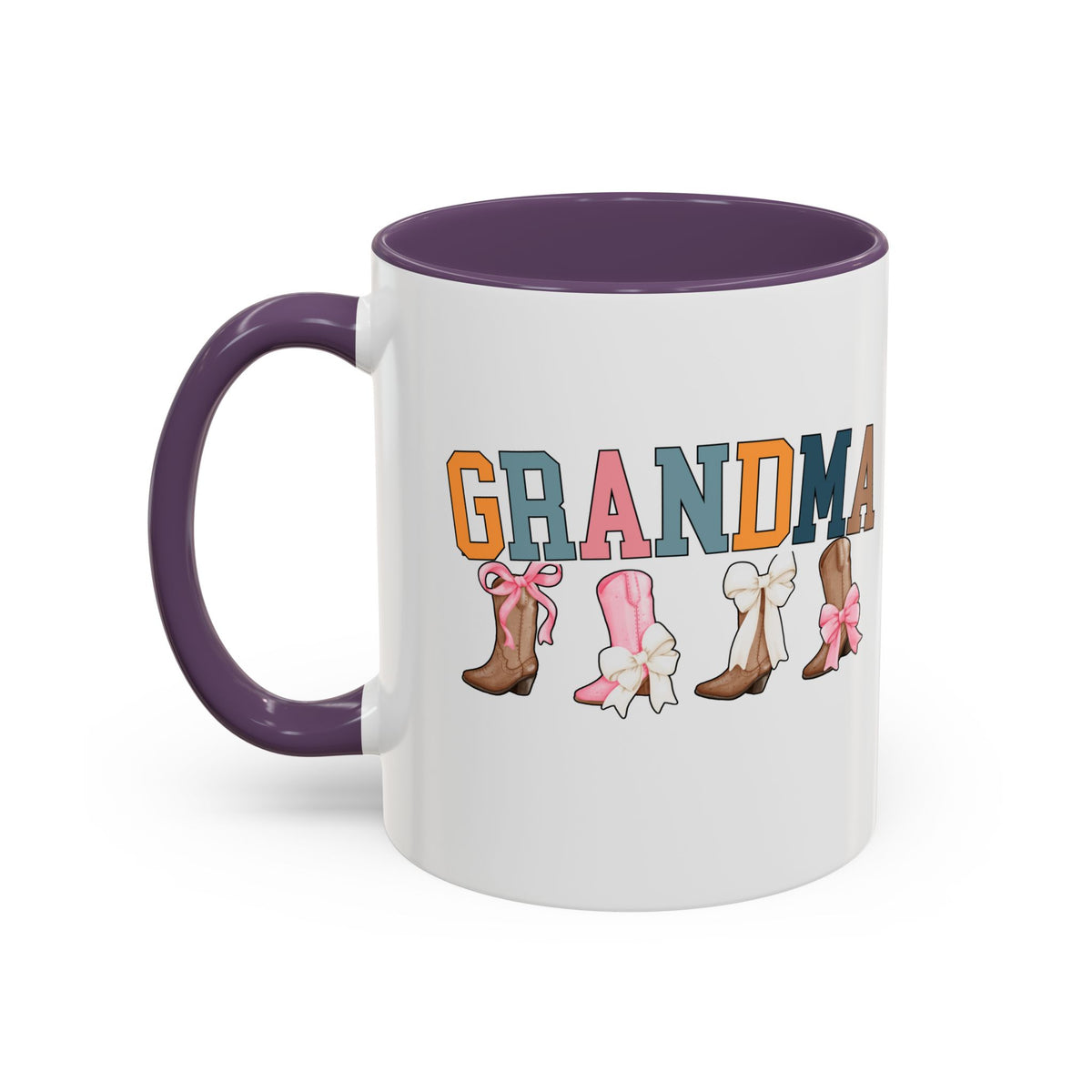 Grandma Letters Coffee Mug in Retro Colors with Cowboy Boots and Bows – 11oz & 15oz Accent Mug – Cute Western Gift for Grandma