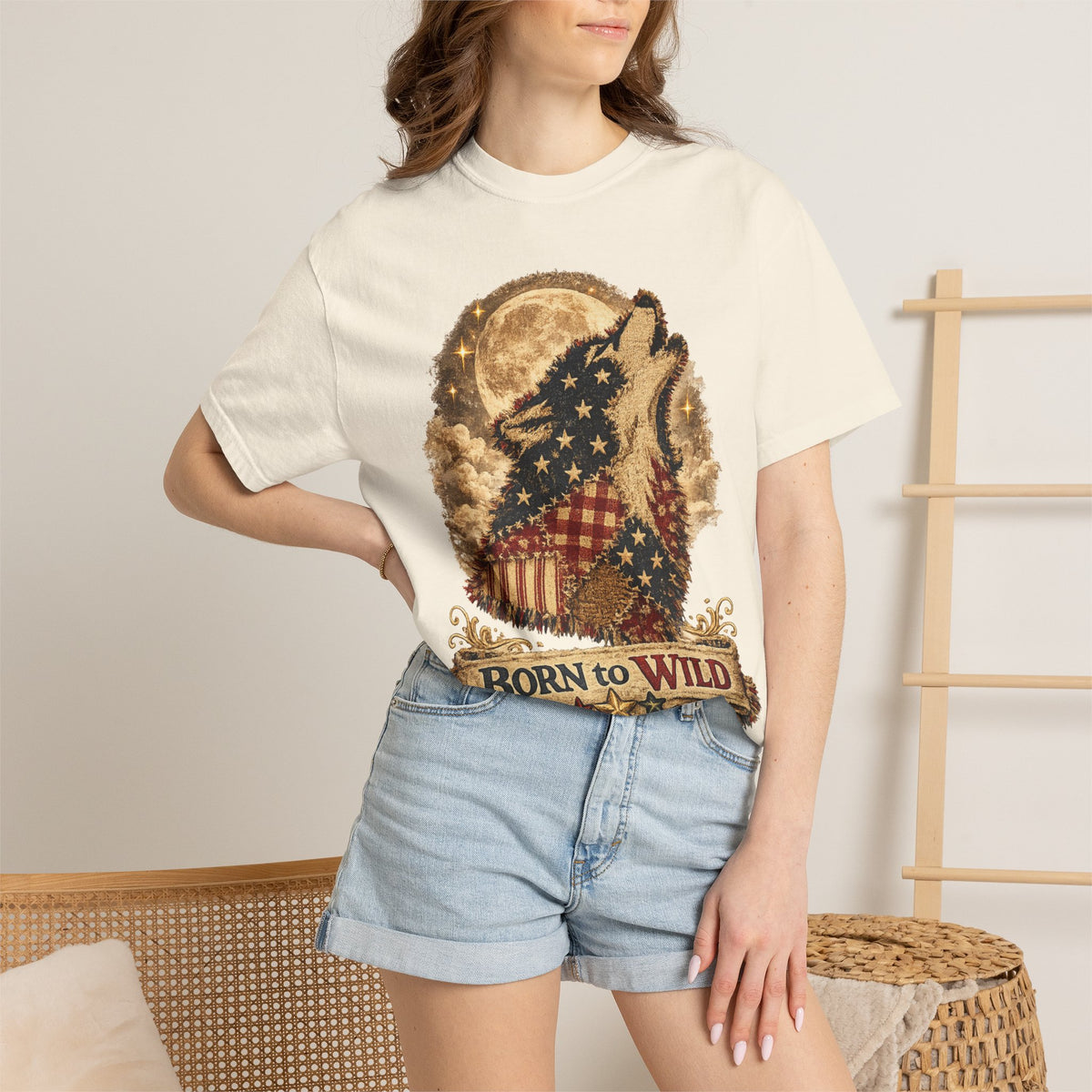 Born to Wild American Flag Wolf T-Shirt