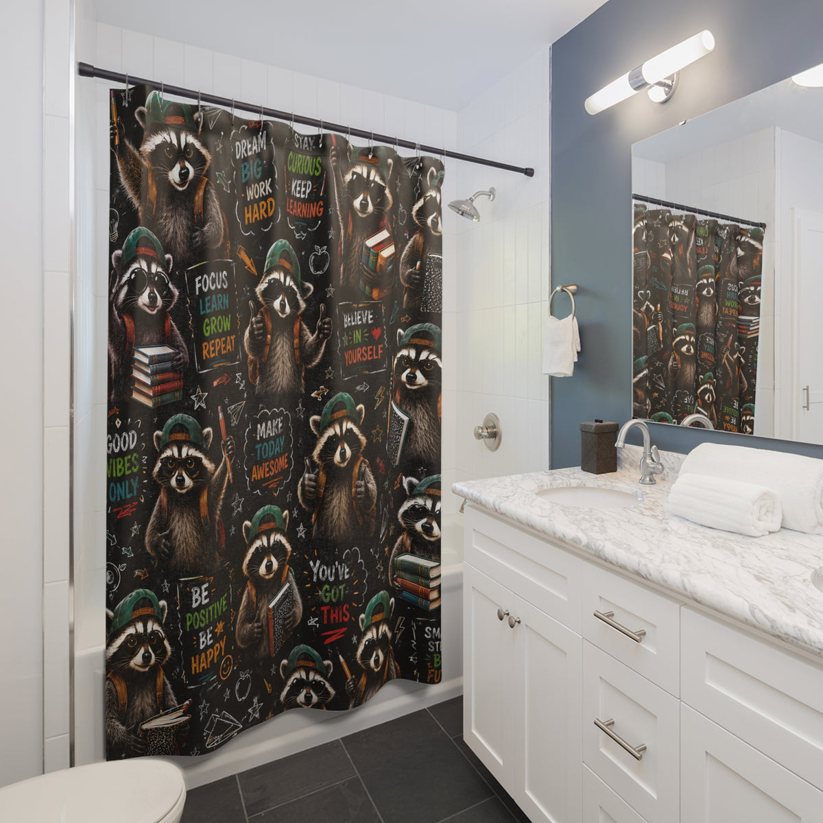 Back to School Raccoon Shower Curtain Cute Chalkboard Classroom Design Motivational School Bathroom Decor Teacher Gift