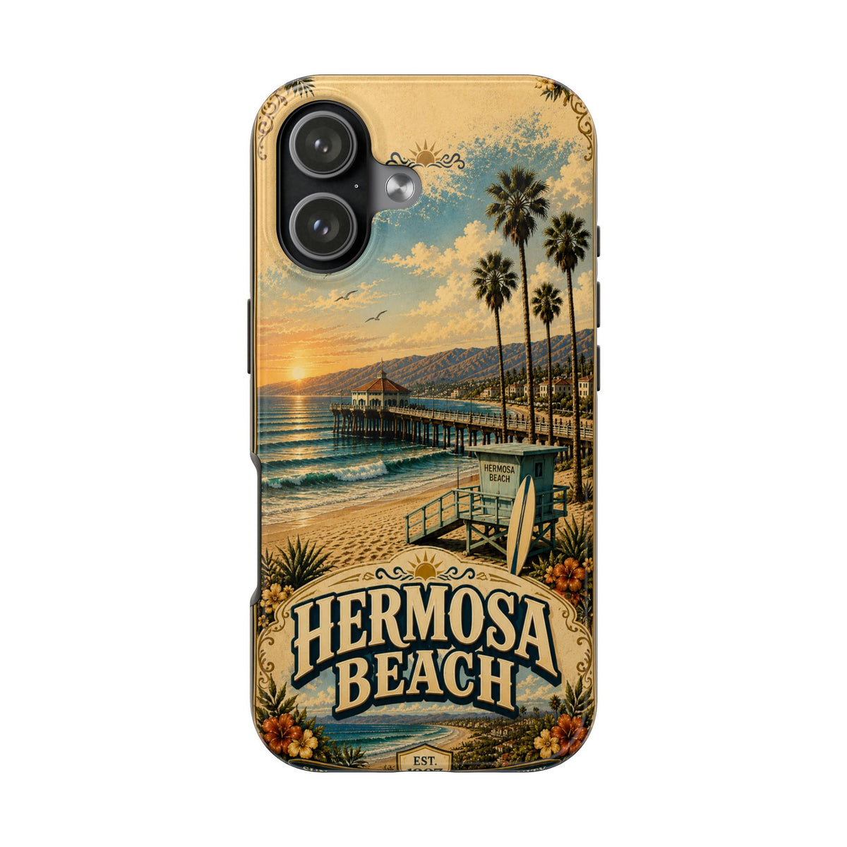 Coastal Pier Faux Patchwork Phone Case – Sunset Waves & Surf Retro California Beach Art Cover