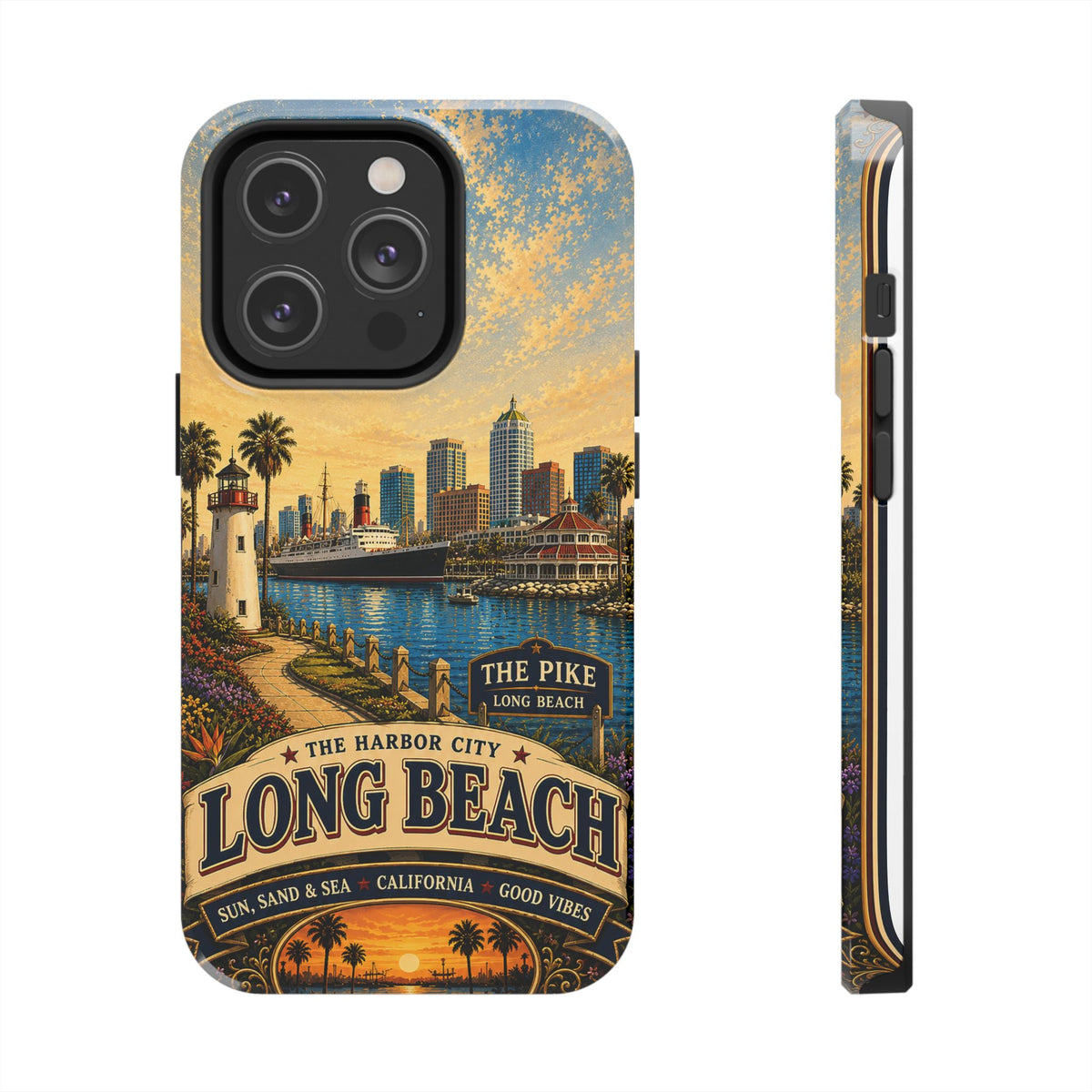 Long Beach Faux Patchwork Phone Case – Harbor City Coastal Retro Art, California Sunset Waterfront Cover