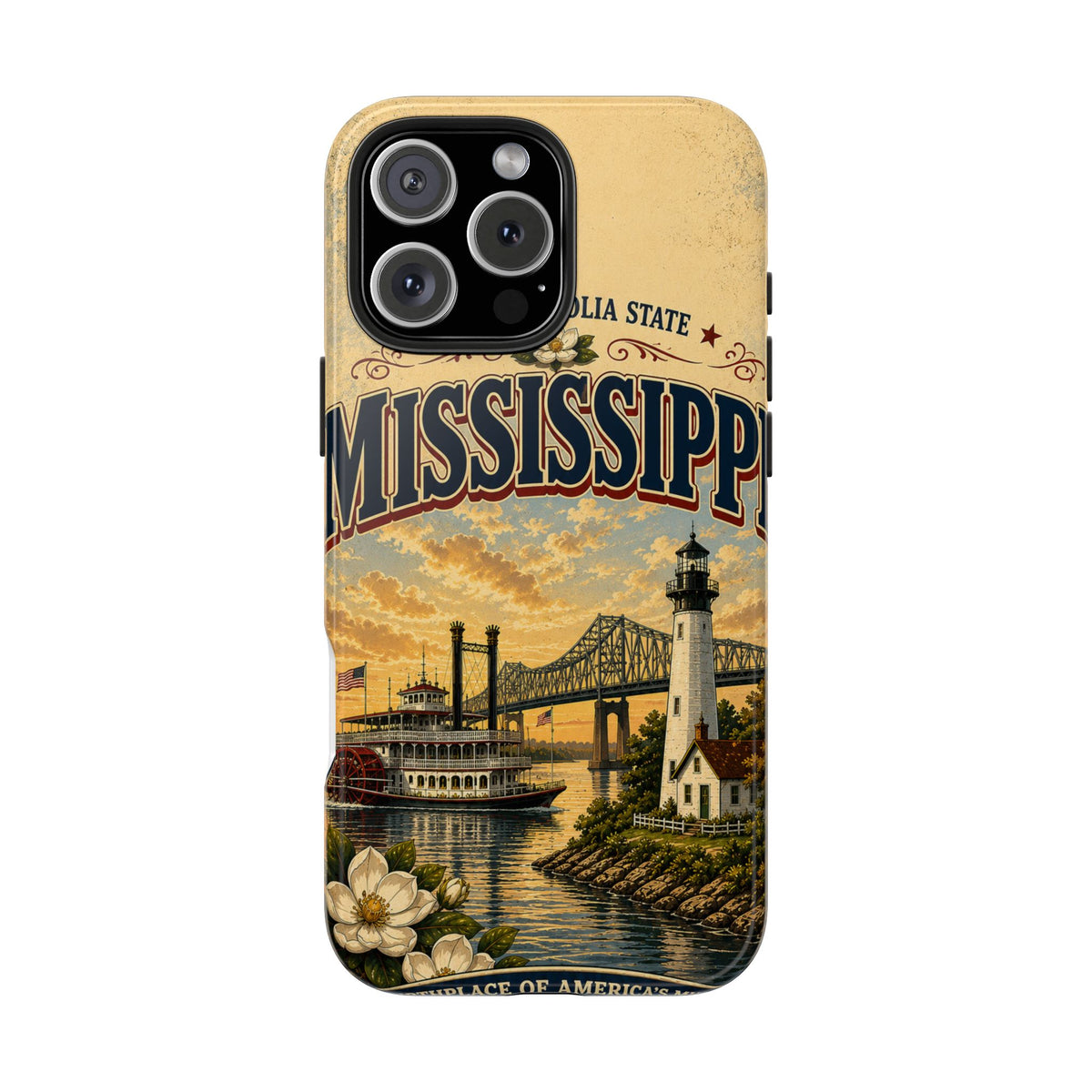 Mississippi Magnolia State Faux Patchwork Phone Case – Vintage Travel Poster Riverboat Lighthouse Design for iPhone & Samsung
