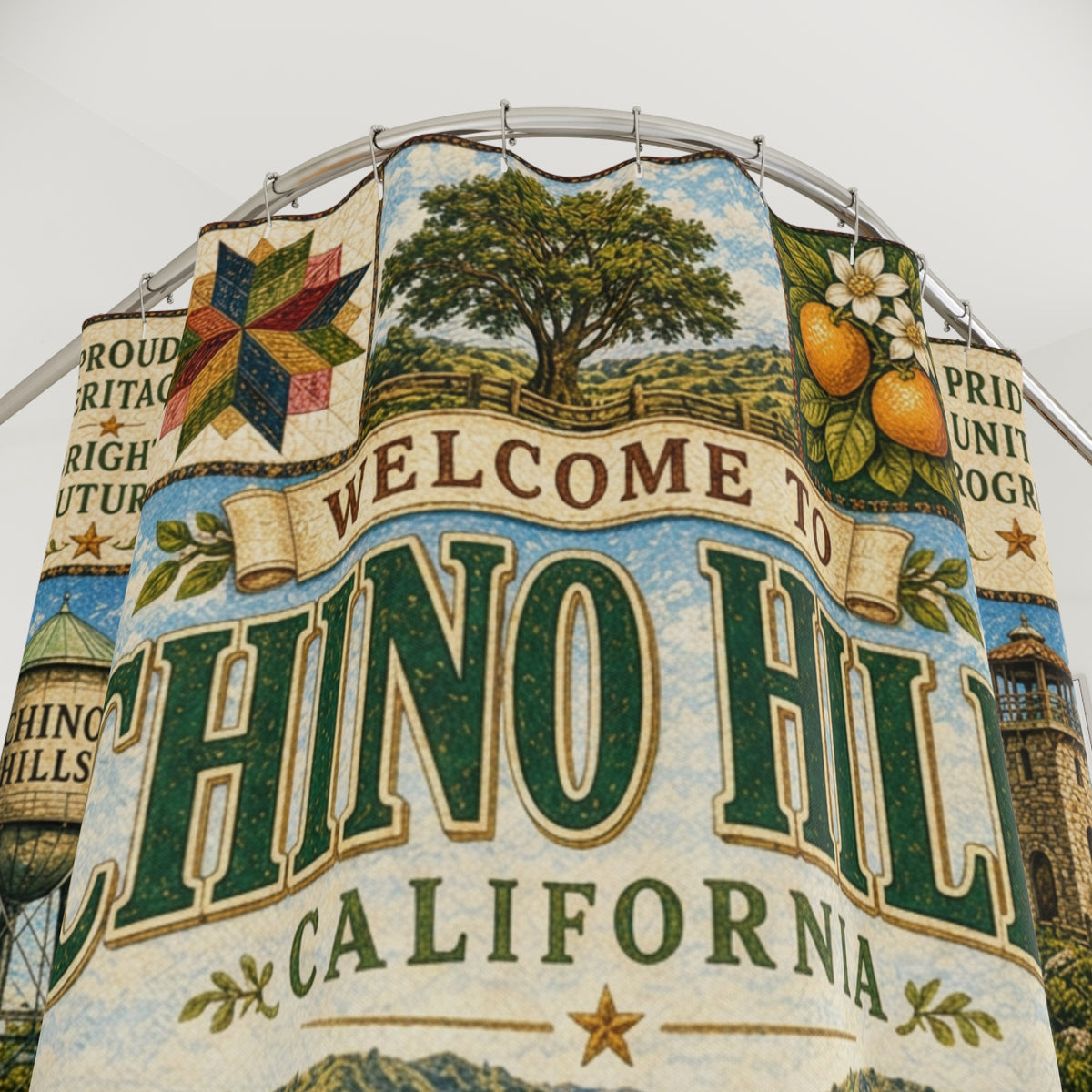 Chino Hills California Shower Curtain Faux Patchwork City Landmarks Southern California Rustic Bathroom Decor