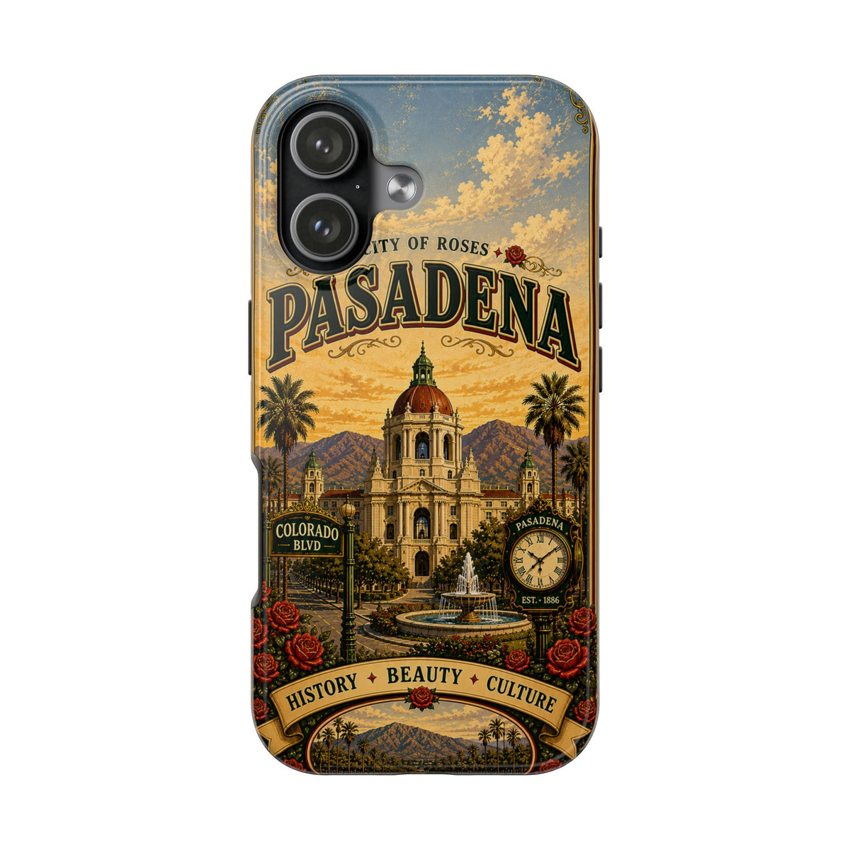 Pasadena City of Roses Faux Patchwork Phone Case – Vintage California Landmark Travel Art Cover