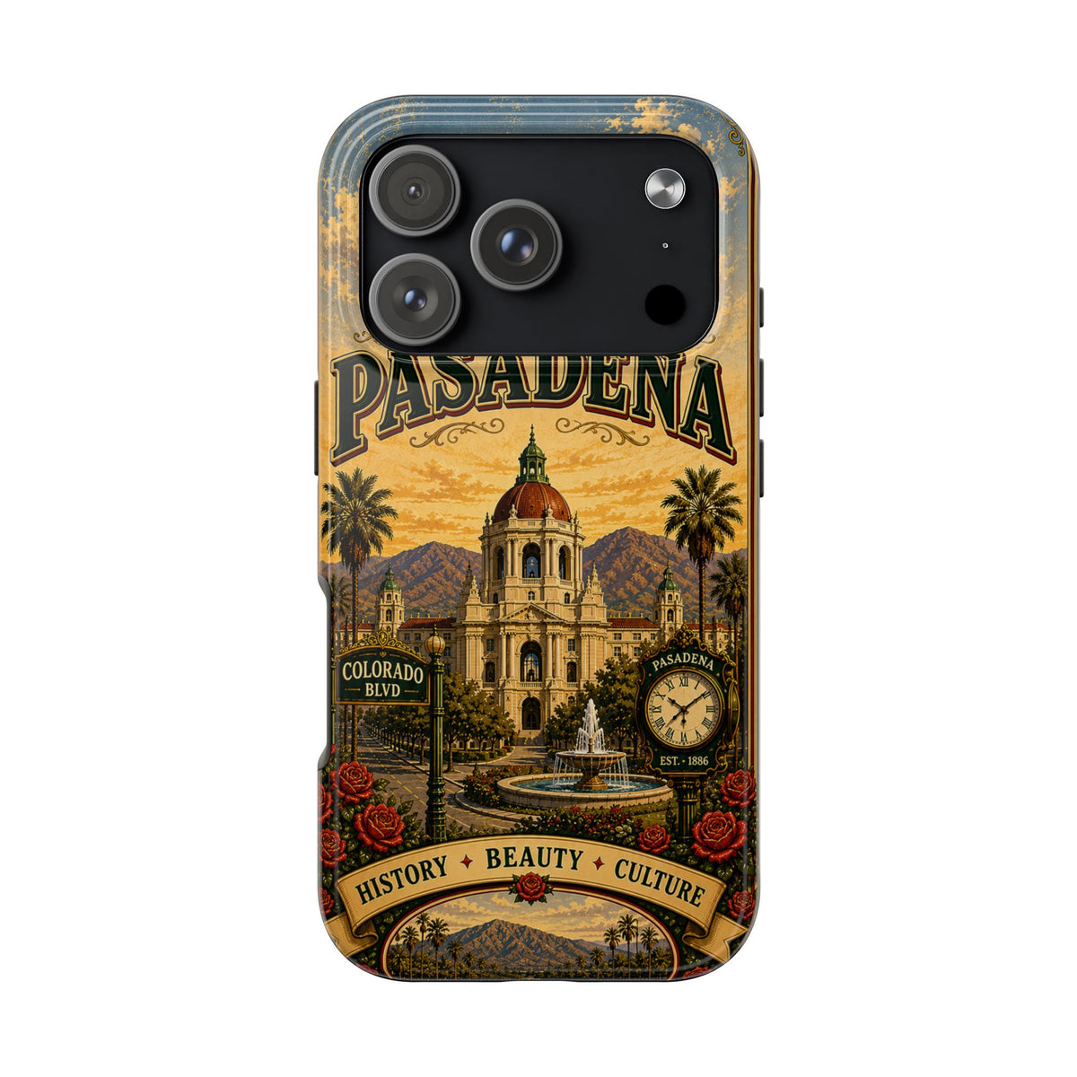 Pasadena City of Roses Faux Patchwork Phone Case – Vintage California Landmark Travel Art Cover