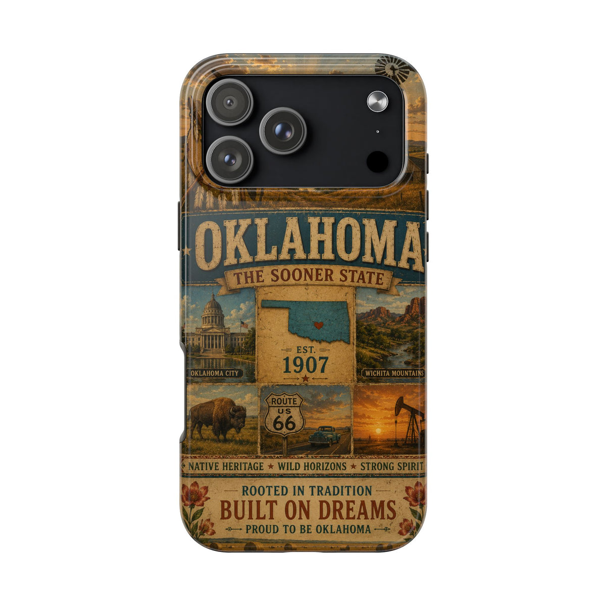 write me a title and product description for this United State phone case with Slogan  "Oklahoma Faux Patchwork Phone Case The Sooner State Vintage Travel Poster Retro State Pride Cover Est 1907"...
