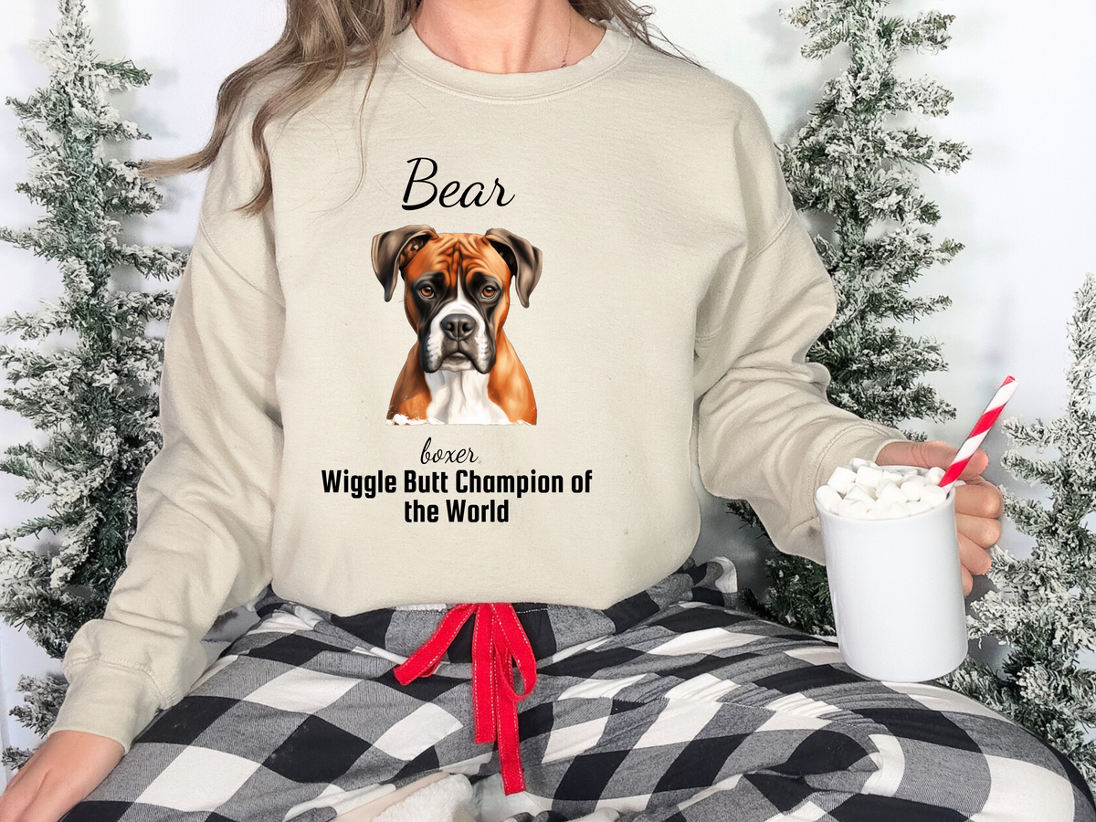 Personalized Boxer Dog Sweatshirt – “Wiggle Butt Champion of the World” | Custom Unisex Christmas Gift, Funny Dog Lover Sweatshirt, Pet Gift for Him or Her