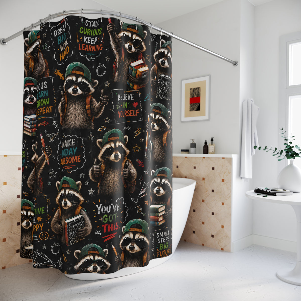 Back to School Raccoon Shower Curtain Cute Chalkboard Classroom Design Motivational School Bathroom Decor Teacher Gift