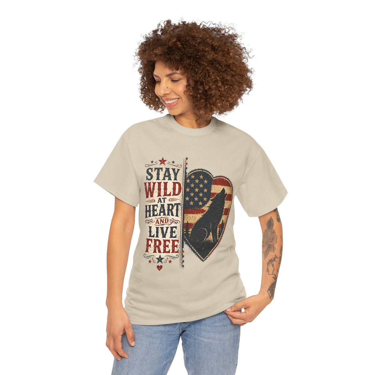 Stay Wild at Heart Live Free T-Shirt - Patriotic Wolf Heart Graphic