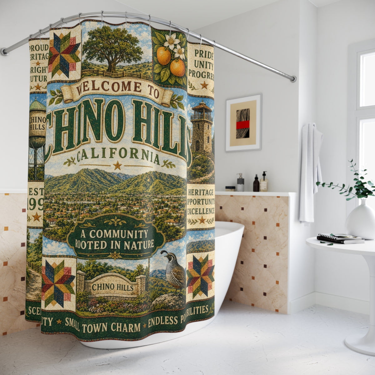 Chino Hills California Shower Curtain Faux Patchwork City Landmarks Southern California Rustic Bathroom Decor
