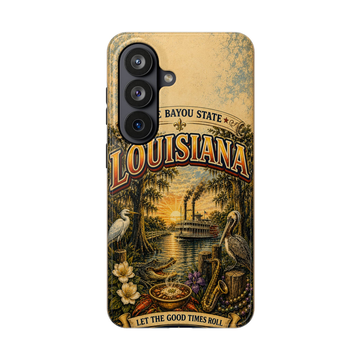 Louisiana Bayou State Faux Patchwork Phone Case – Vintage Travel Poster Style Louisiana Souvenir Cover for iPhone & Samsung