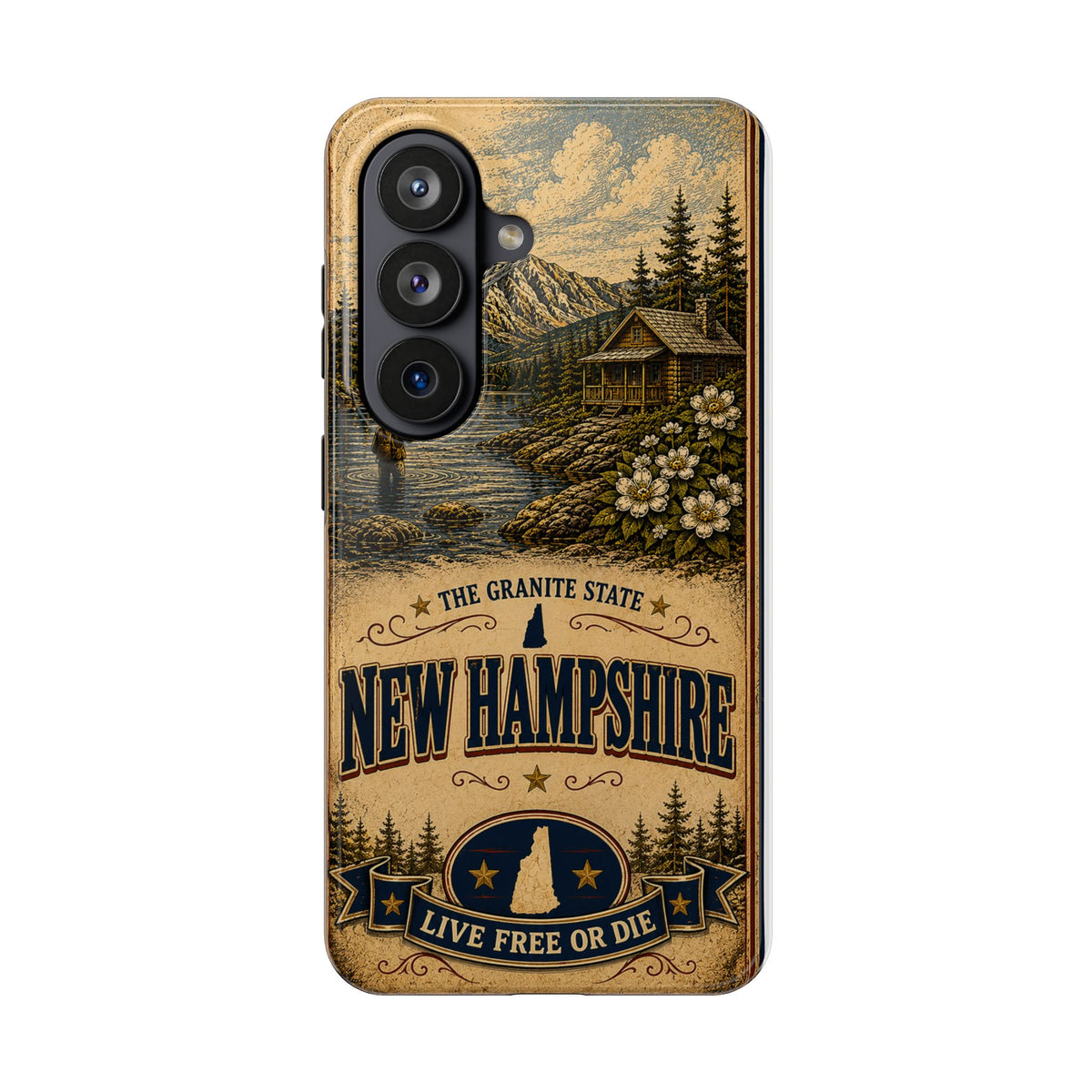 New Hampshire Faux Patchwork Phone Case Live Free or Die Granite State Vintage Travel Poster iPhone 17 Samsung S26 Cover