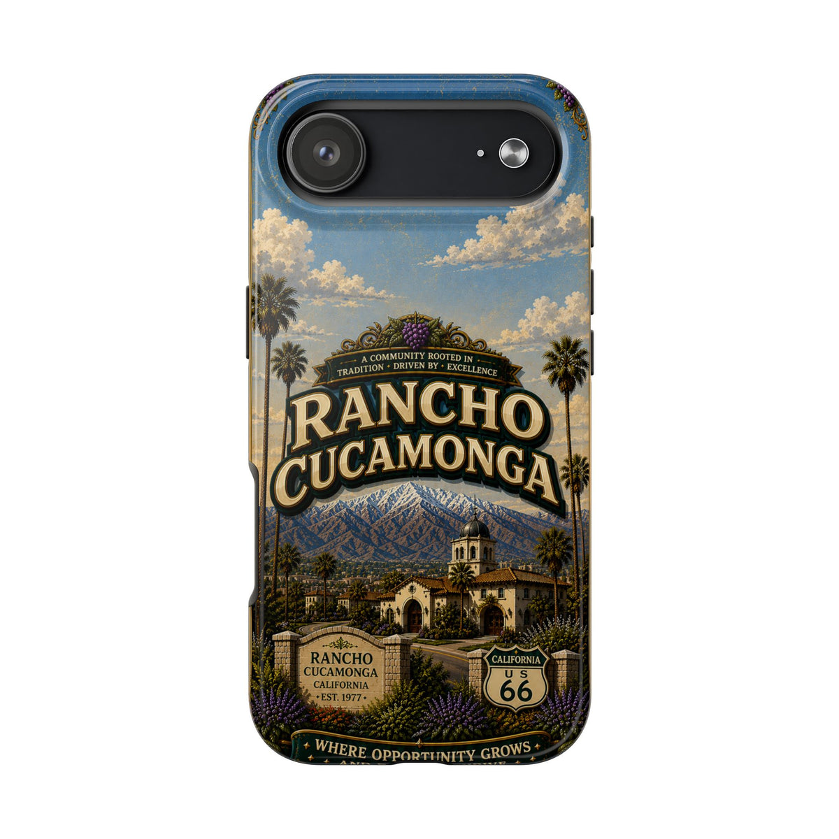 Rancho Cucamonga Where Opportunity Grows Faux Patchwork Phone Case – Route 66 Vintage Travel Art Cover