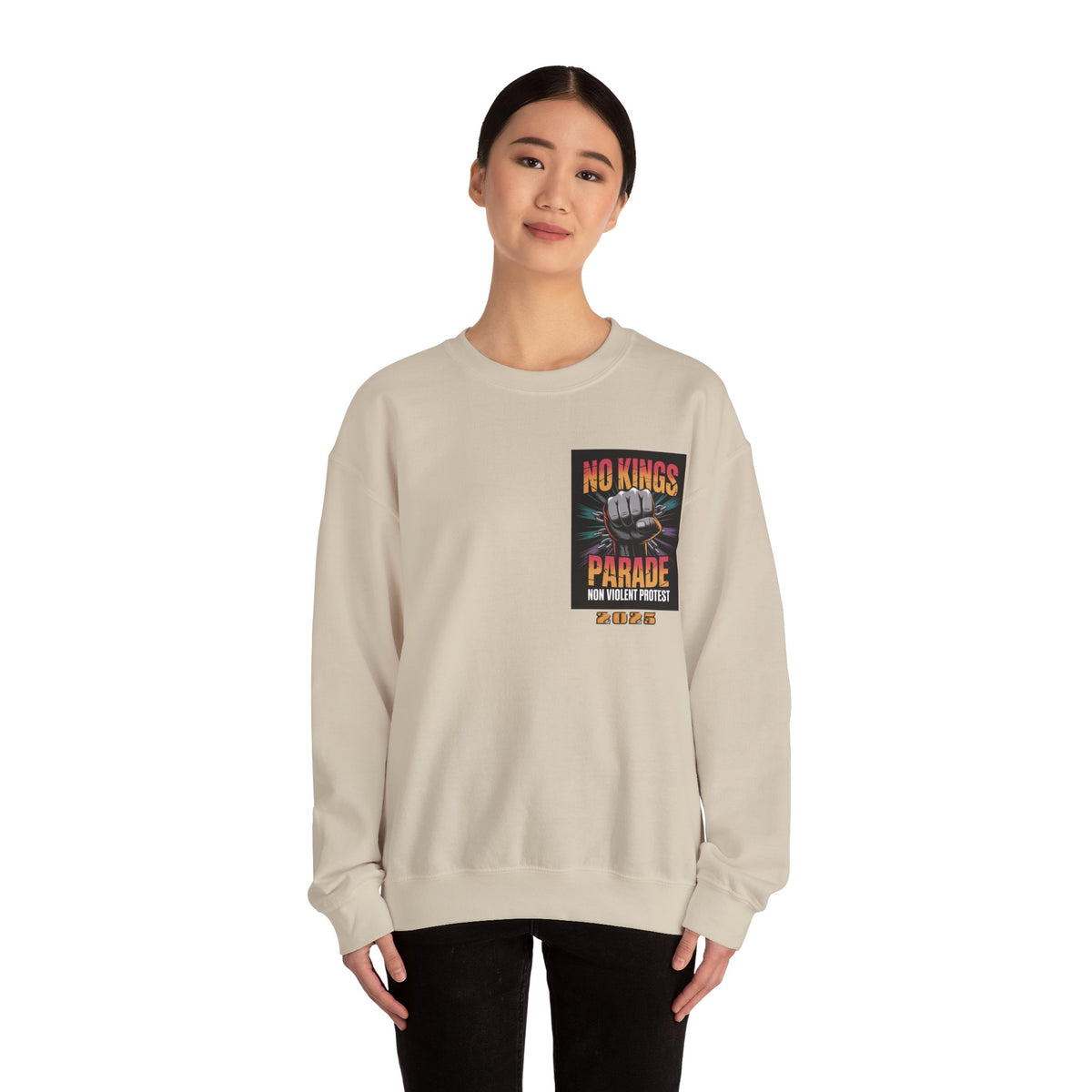 No Kings Parade” Sweatshirt – Upright Fist Graphic & Peaceful Protest Quote, Unisex Front & Back Print for Justice & Nonviolence