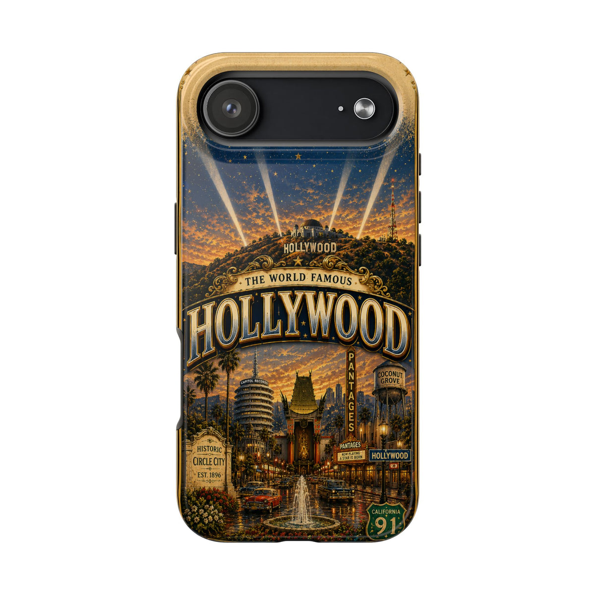 Hollywood Faux Patchwork Phone Case – Vintage Night Lights Retro Cinema Street Scene Old Hollywood Glam Cover