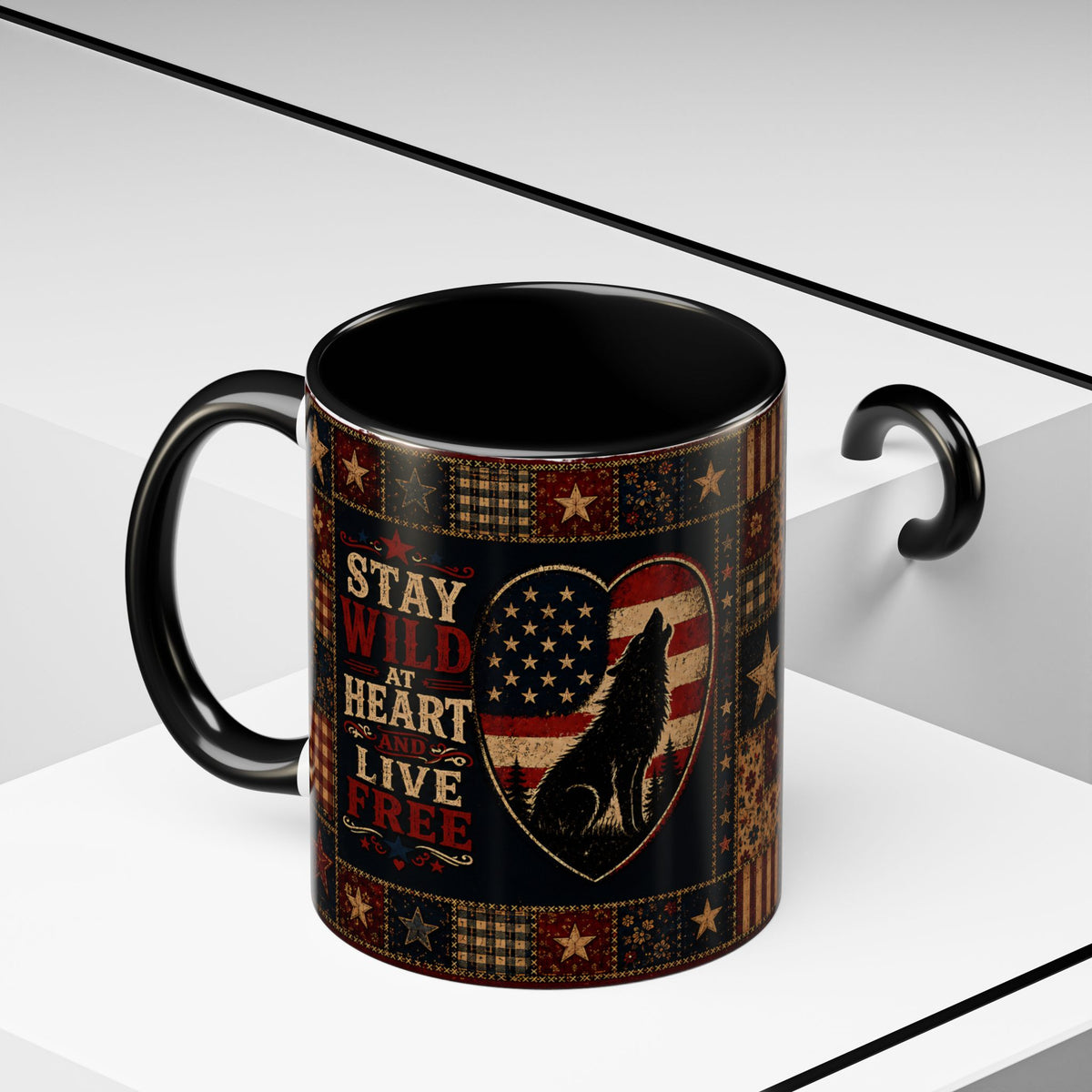 Patriotic Wolf Coffee Mug - "Stay Wild at Heart, Live Free" Accent Mug