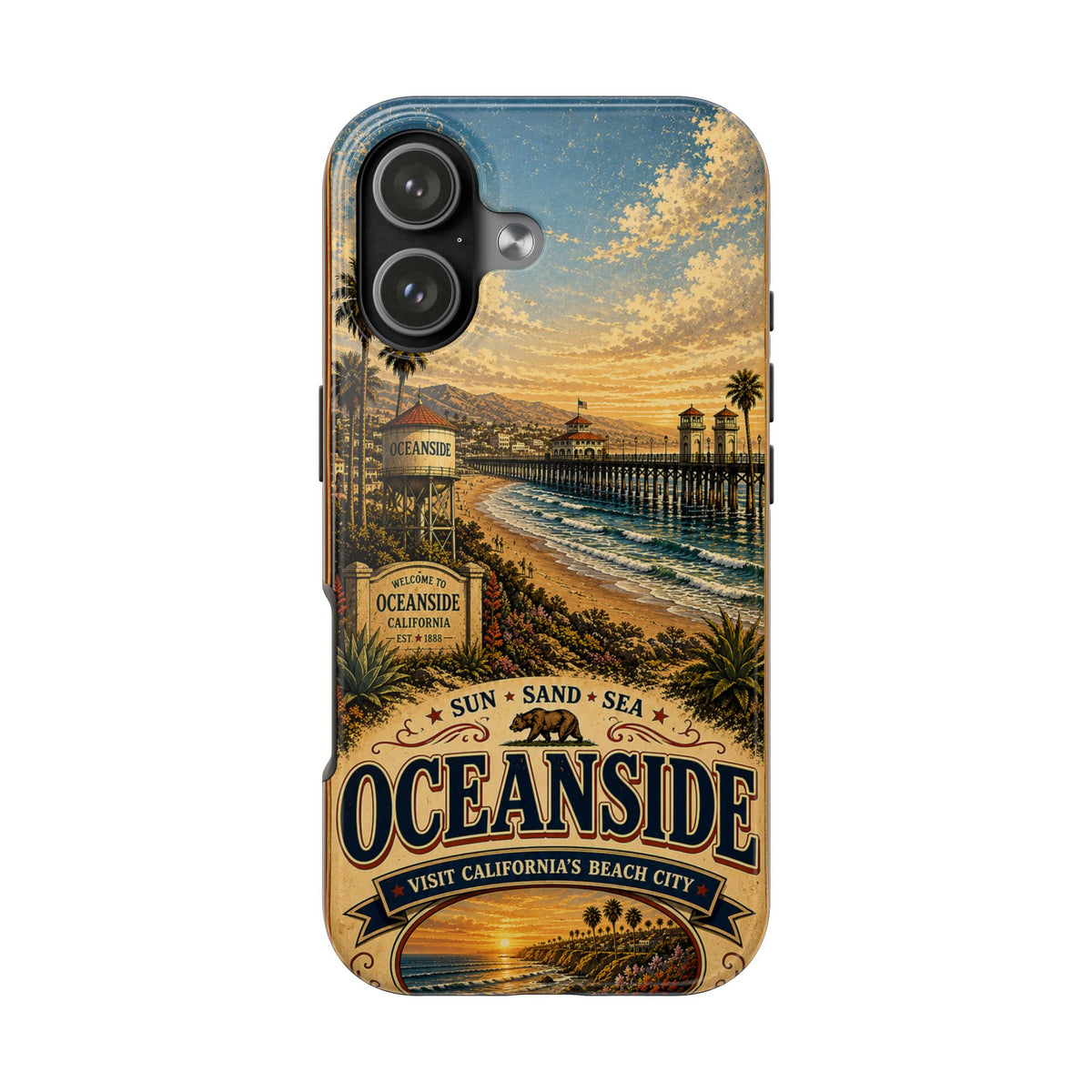 Oceanside Sunset Pier Faux Patchwork Phone Case – California Coastal Vintage Travel Art Beach Cover