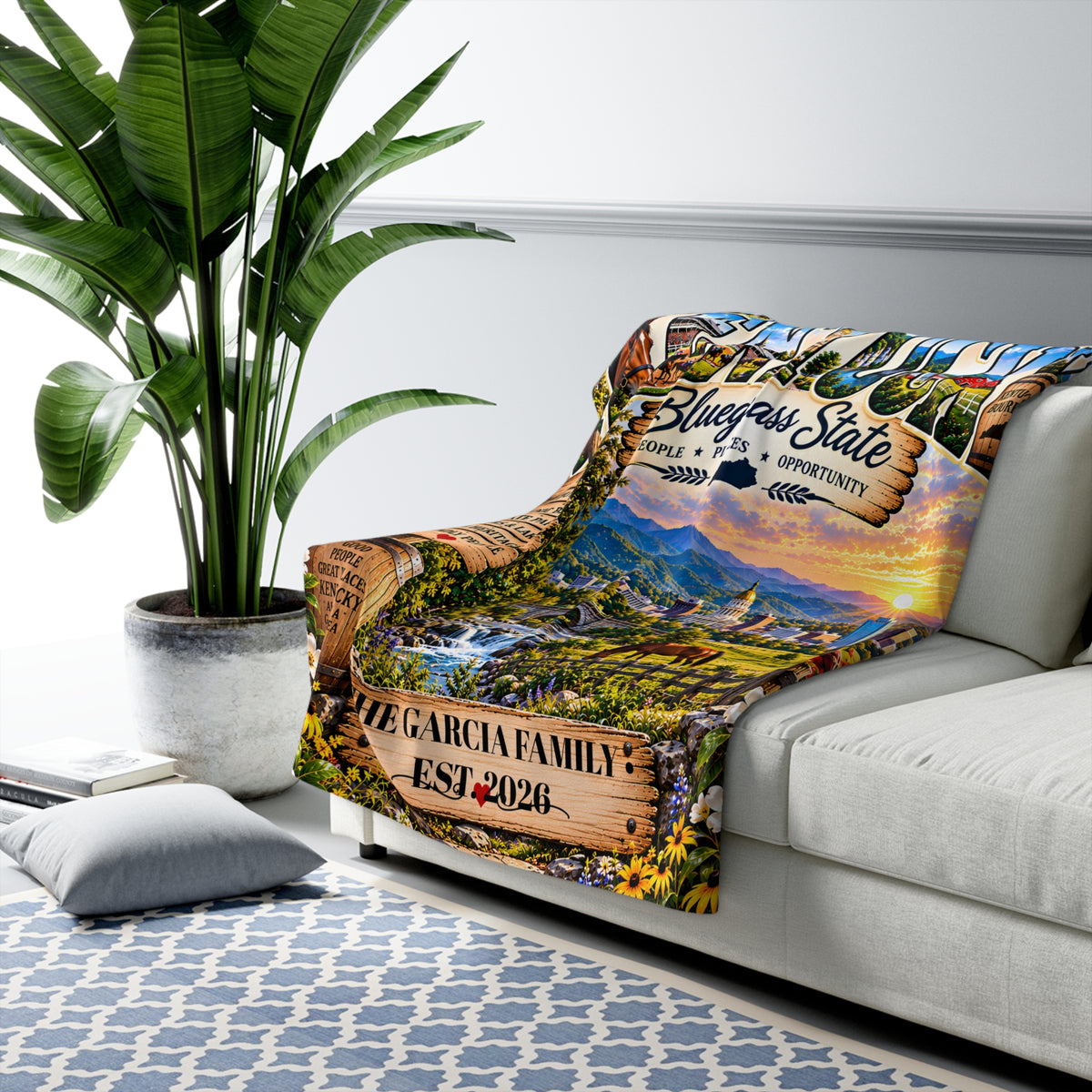 Kentucky Personalized Sherpa Fleece Blanket, Bluegrass State Horse Country Scenic Heritage Custom Family Name