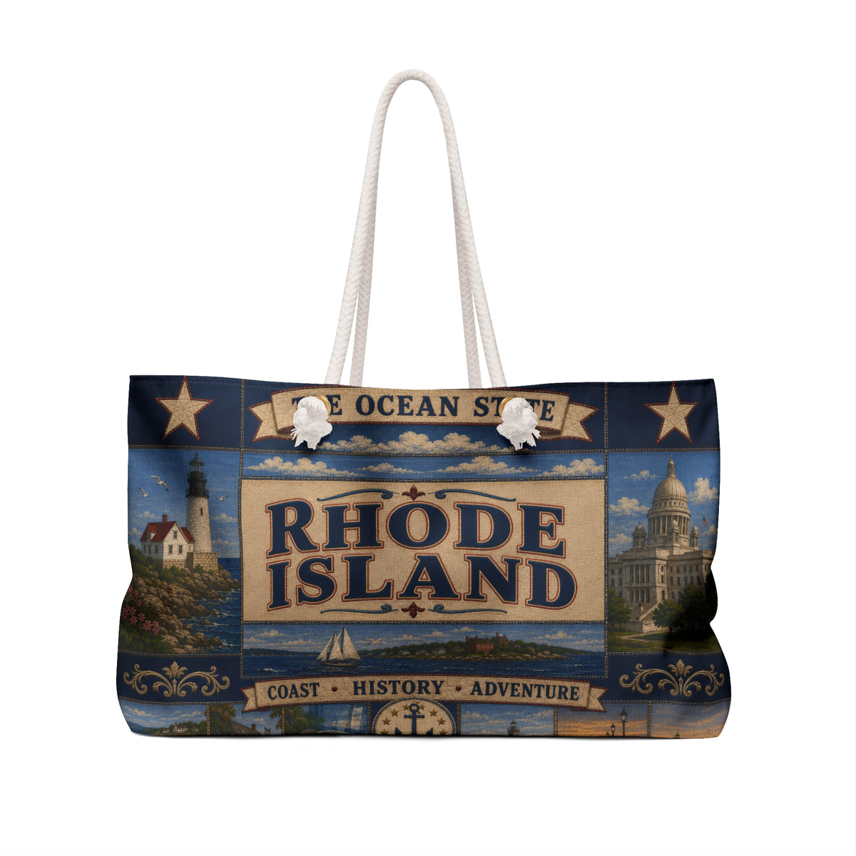 Rhode Island Weekender Bag Ocean State Faux Patchwork Travel Tote Coastal Lighthouse Beach Vacation Souvenir Gift
