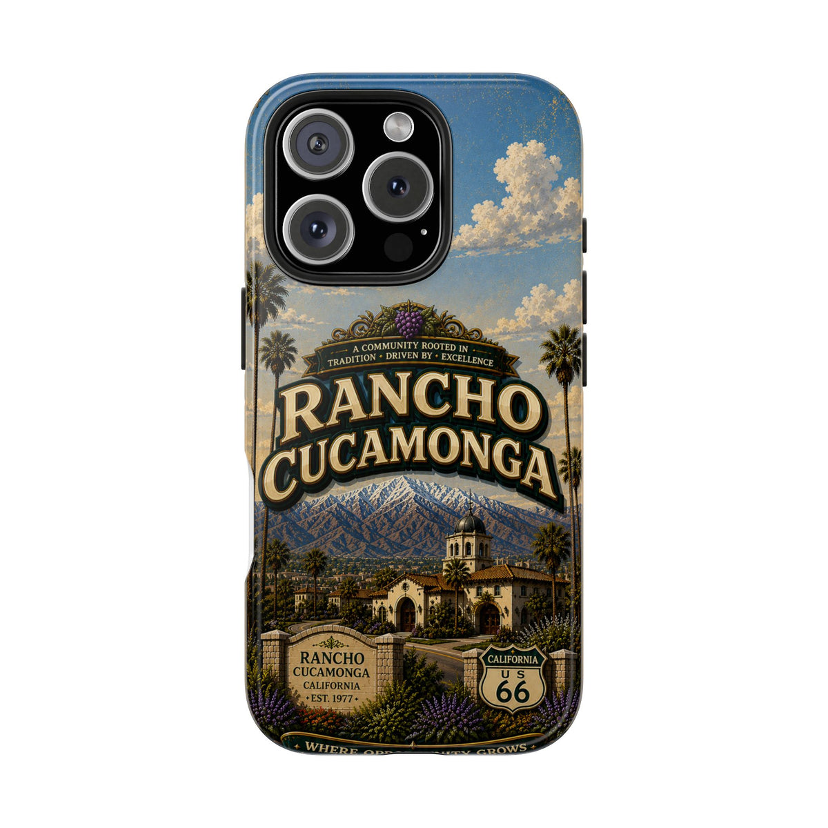 Rancho Cucamonga Where Opportunity Grows Faux Patchwork Phone Case – Route 66 Vintage Travel Art Cover