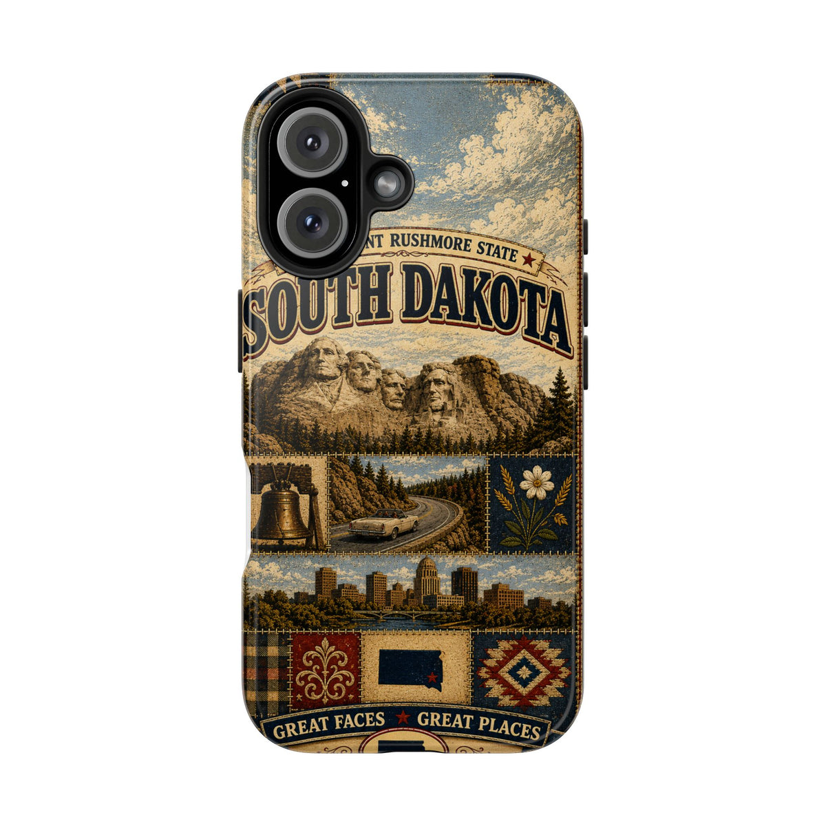 South Dakota Faux Patchwork Phone Case Mount Rushmore State Retro Bison Scenic Road State Pride Cover