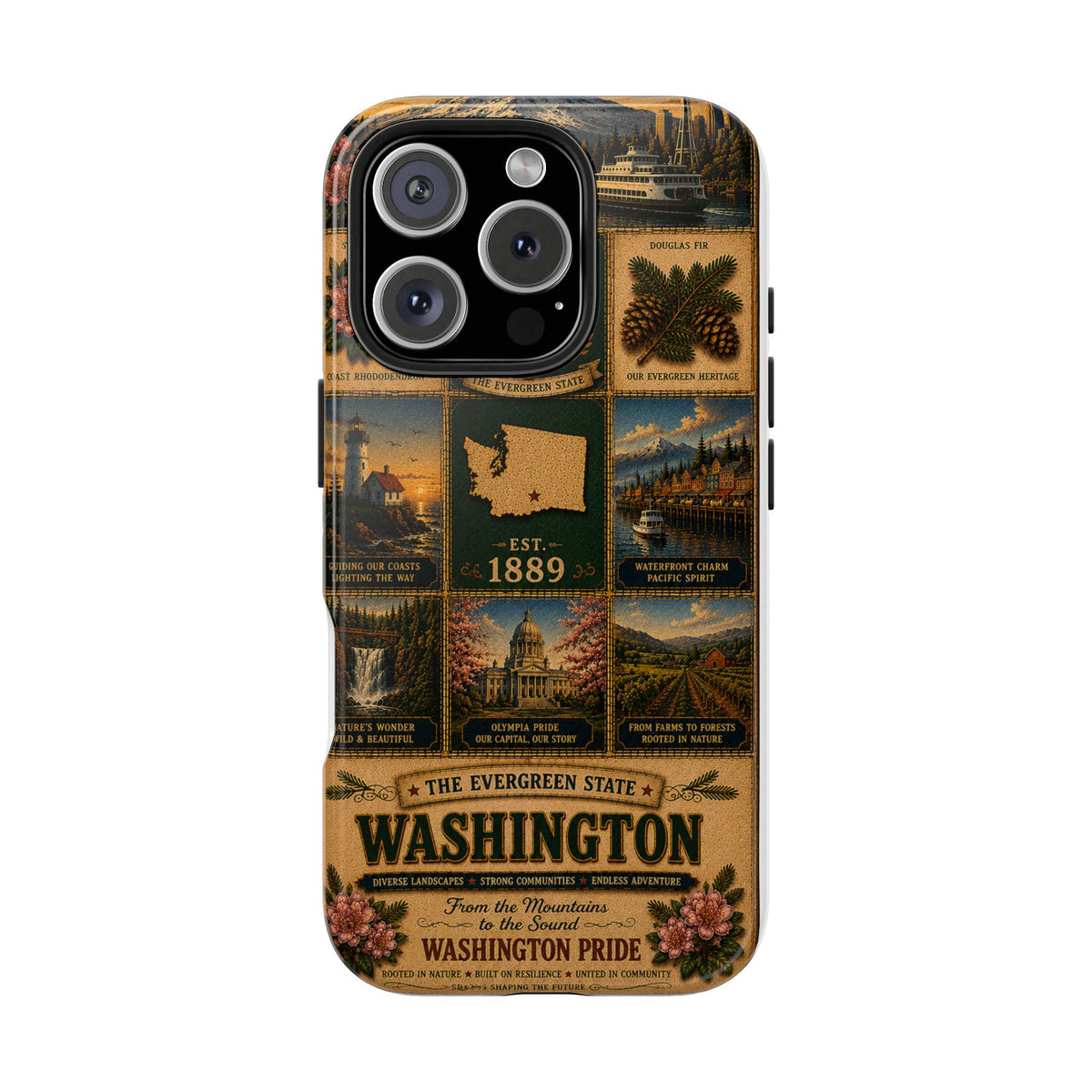 Washington Faux Patchwork Phone Case The Evergreen State Vintage Travel Poster Retro State Pride Cover Est 1889