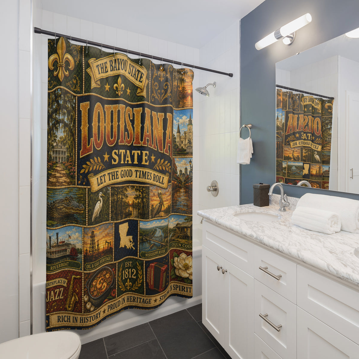 Louisiana Shower Curtain, Bayou State Decor, Cajun Jazz Faux Patchwork, Southern Landmark Bathroom Decor