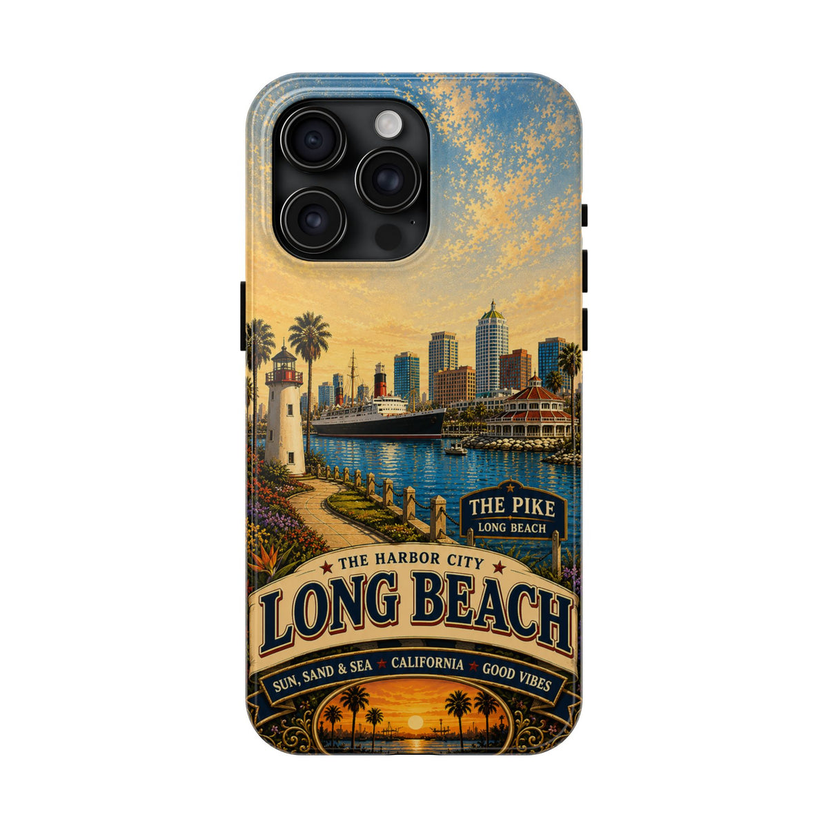 Long Beach Faux Patchwork Phone Case – Harbor City Coastal Retro Art, California Sunset Waterfront Cover