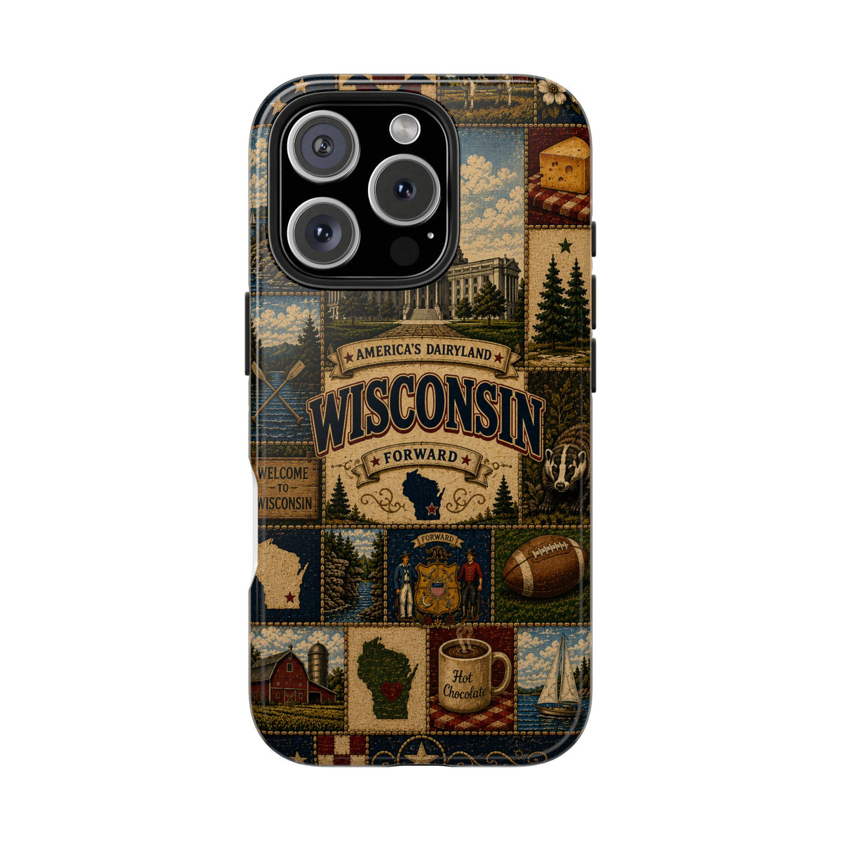 Wisconsin Faux Patchwork Phone Case Americas Dairyland Retro Barn Lighthouse Forward State Pride Cover