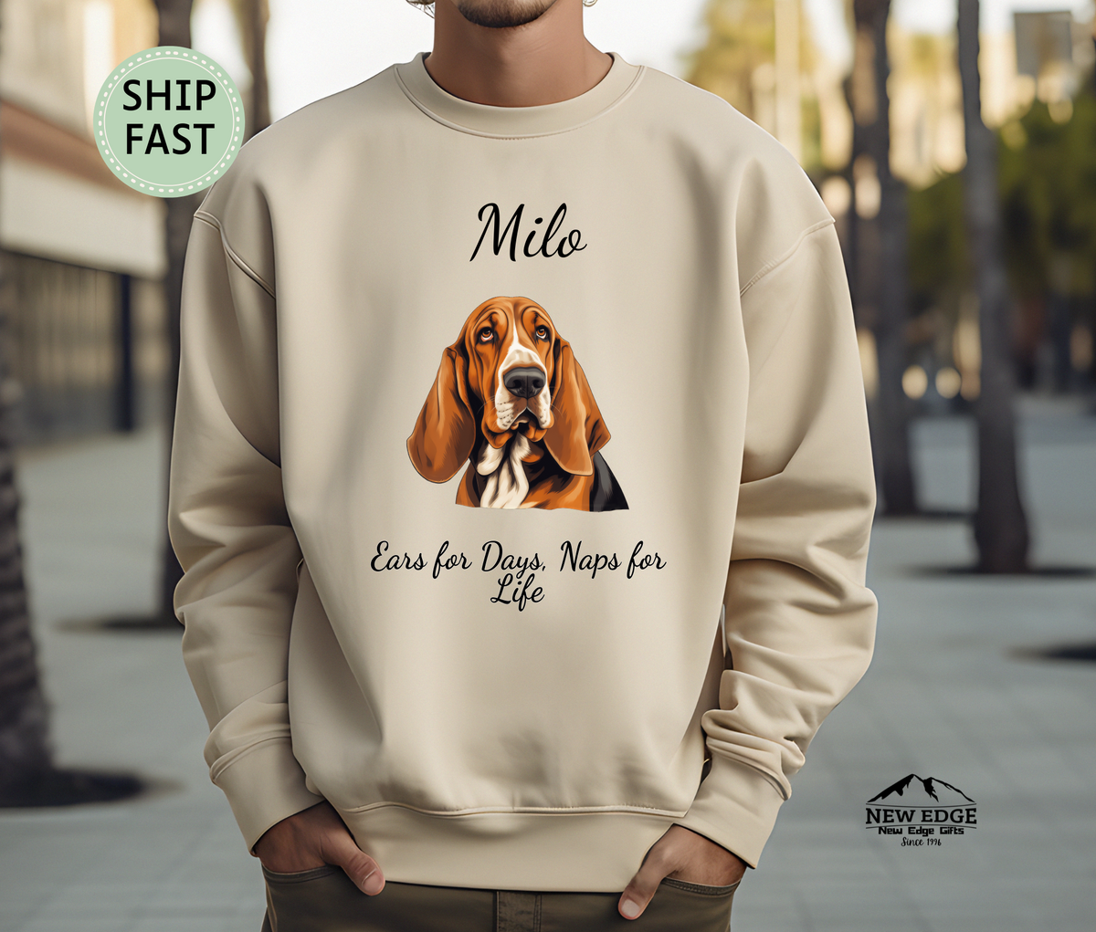 Personalized Basset Hound Sweatshirt – “Ears for Days, Naps for Life” | Unisex Christmas Gift for Dog Lovers, Pet Gift