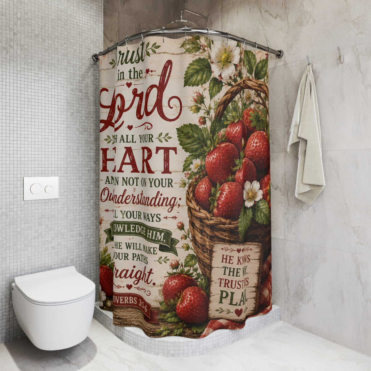 Strawberry Christian Shower Curtain Trust in the Lord Proverbs 3 5 6 Farmhouse Faith Bathroom Decor