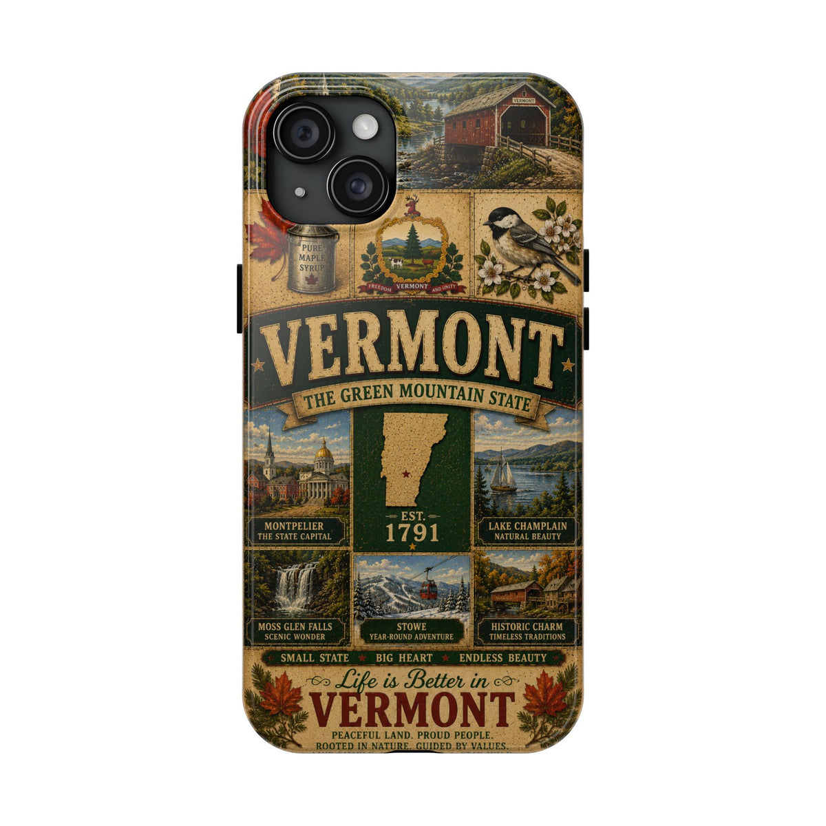 Vermont Faux Patchwork Phone Case The Green Mountain State Vintage Travel Poster Retro State Pride Cover Est 1791