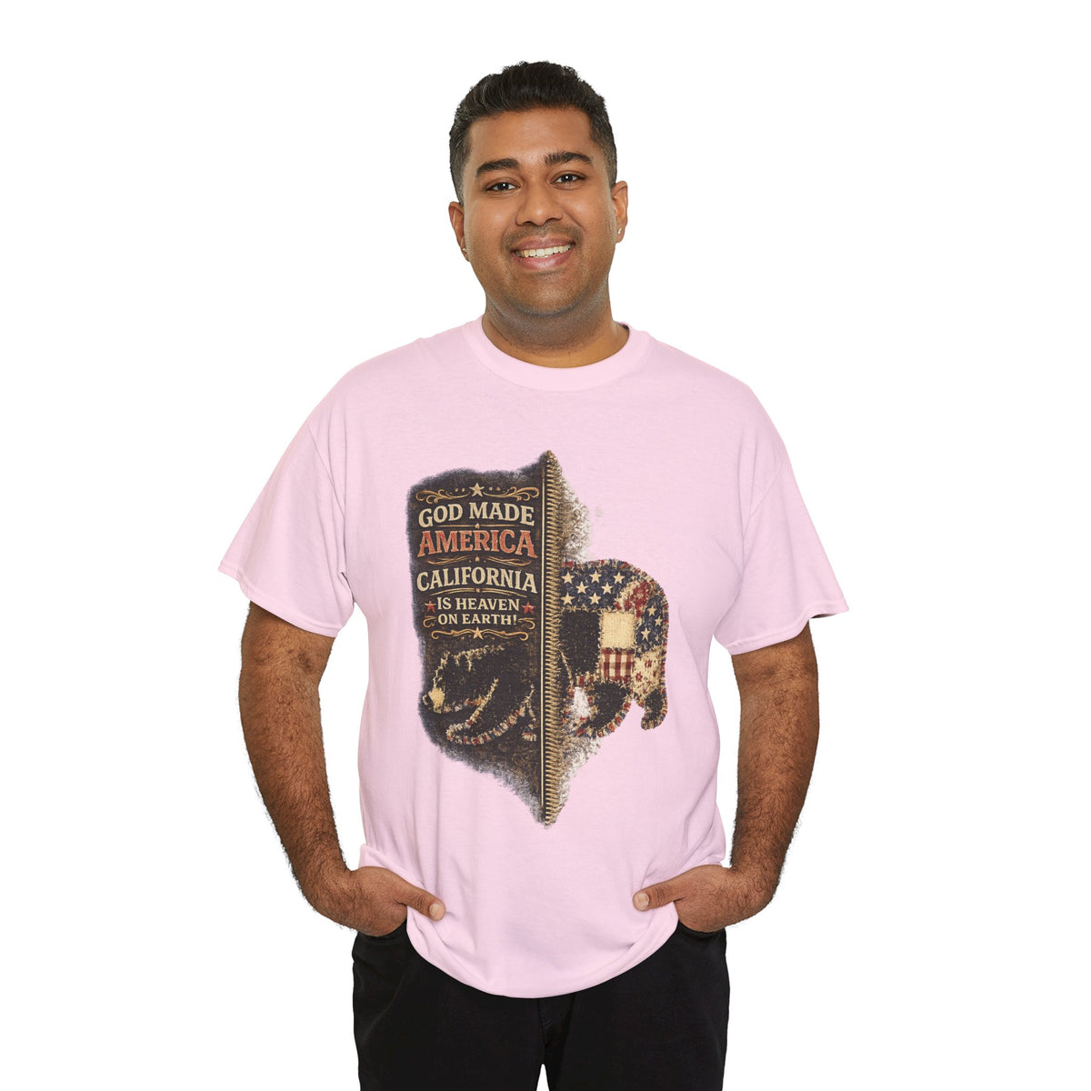 California Buffalo Patriotic T-Shirt — "God Made America, California Is Heaven on Earth"