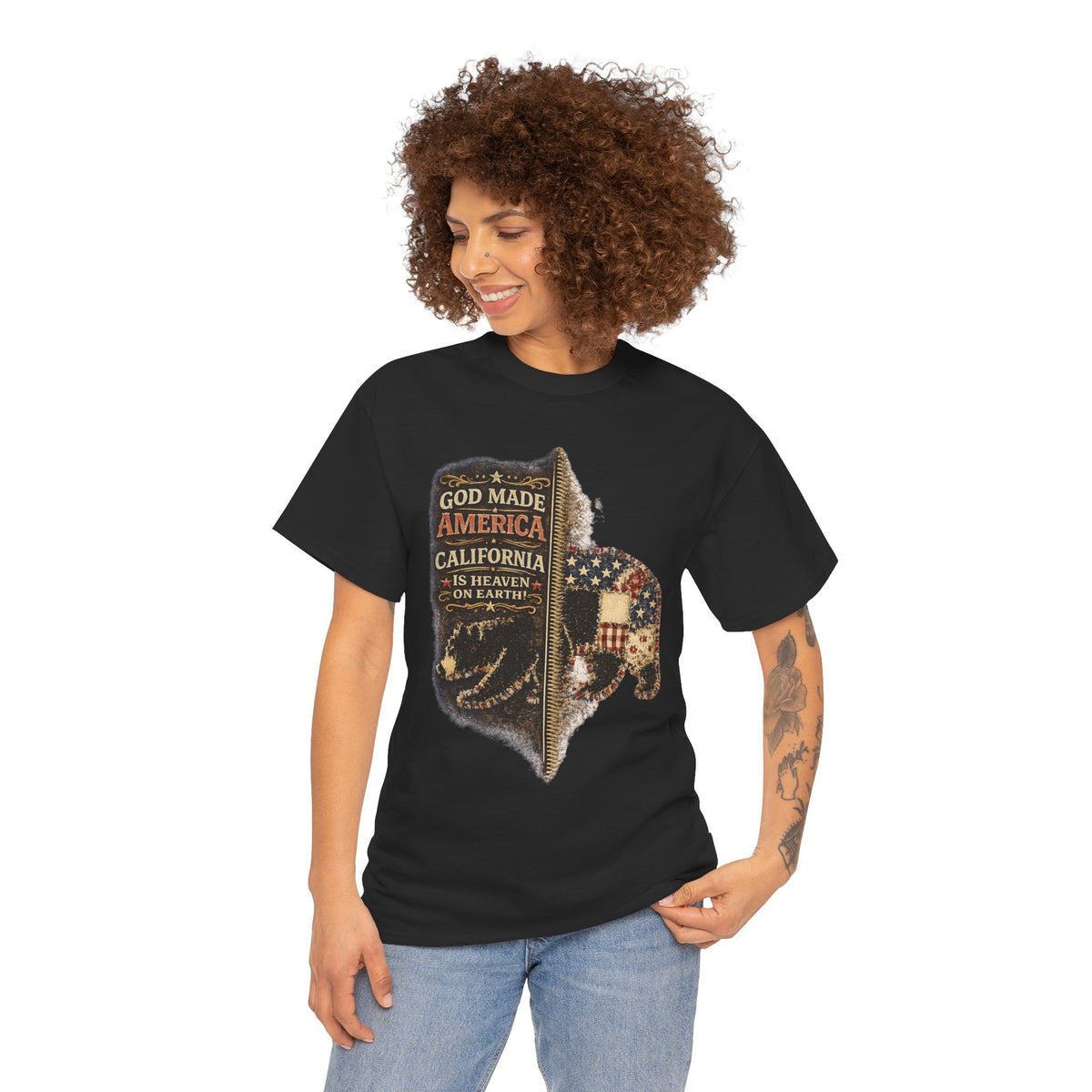California Buffalo Patriotic T-Shirt — "God Made America, California Is Heaven on Earth"