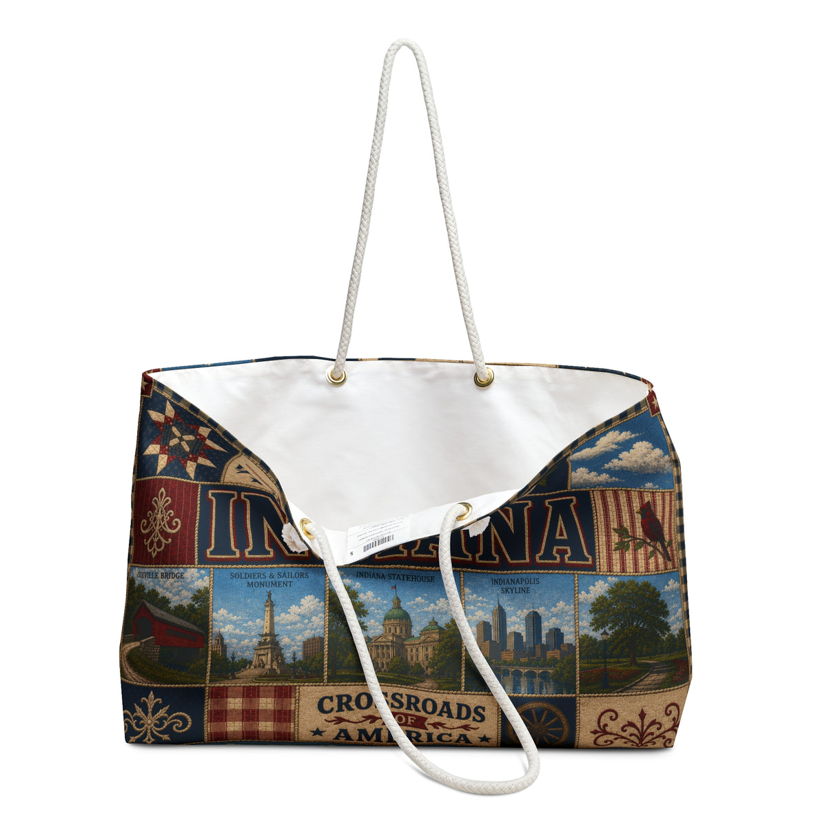 Indiana Weekender Bag Hoosier State Faux Patchwork Travel Tote Crossroads of America Vintage State Souvenir Gift