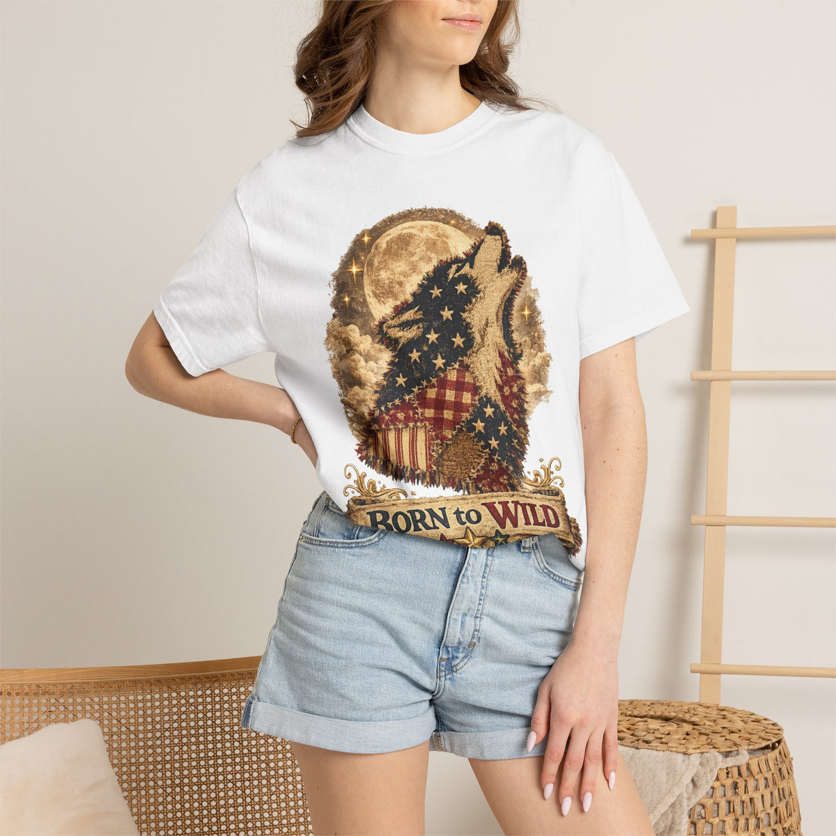 Born to Wild American Flag Wolf T-Shirt