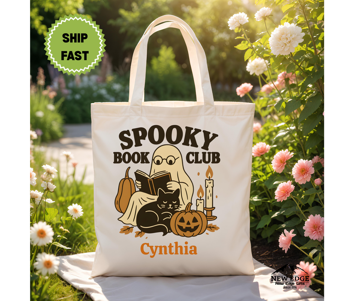 Personalized Halloween Tote Bag – Ghost Reading with Black Cat & Pumpkin, “Spooky Book Club” Slogan, Cotton Canvas Bag