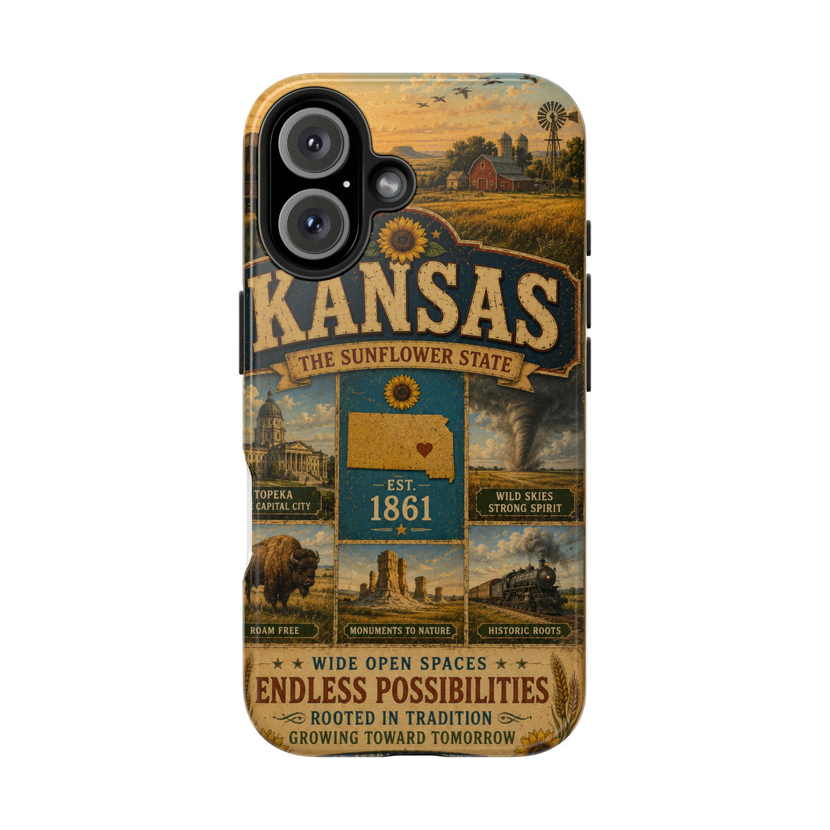 Kansas Faux Patchwork Phone Case – The Sunflower State Vintage Travel Poster Retro State Pride Cover Est 1861 for iPhone & Samsung